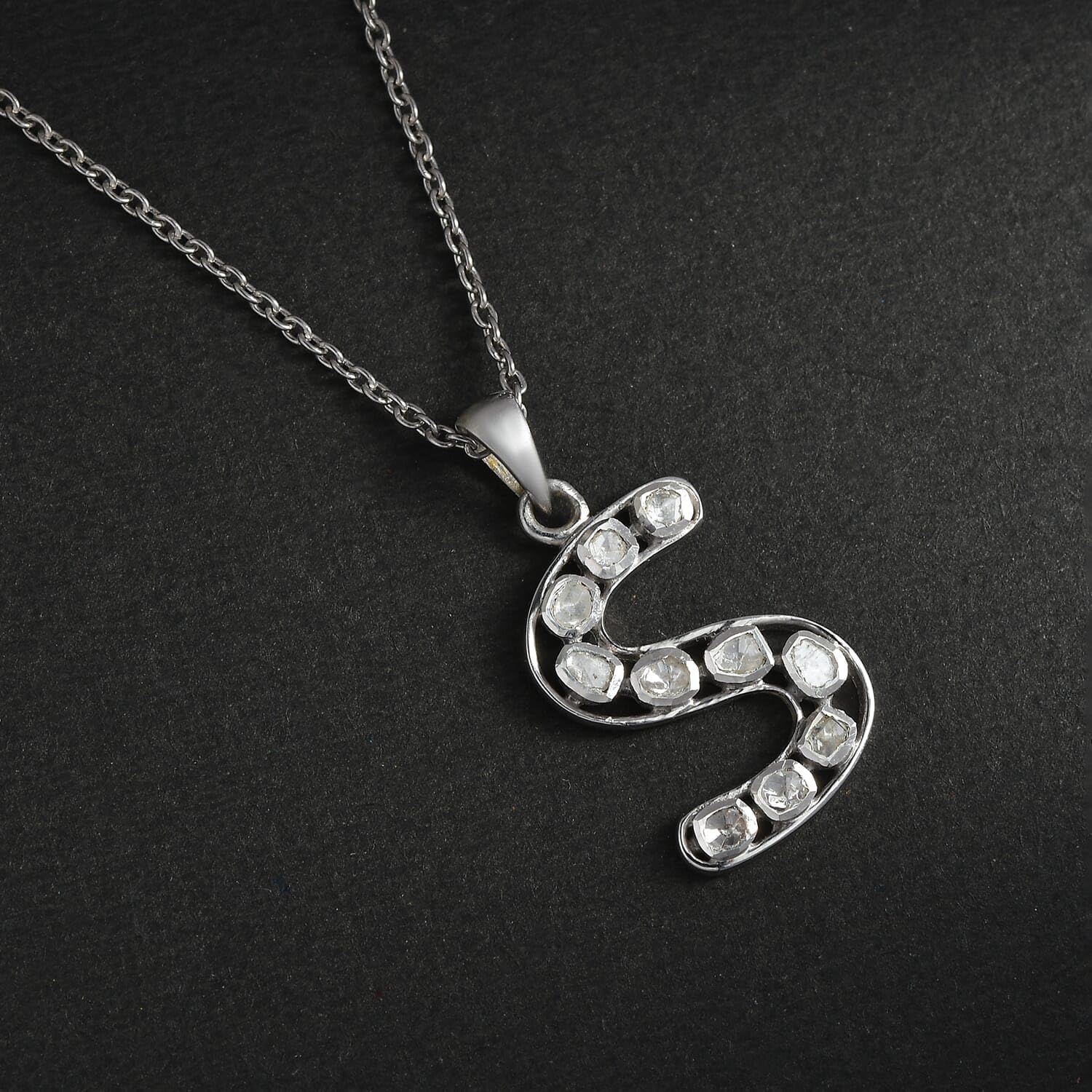 Polki Diamond Initial Necklace for Women - 925 Sterling Silver Platinum Plated, 20