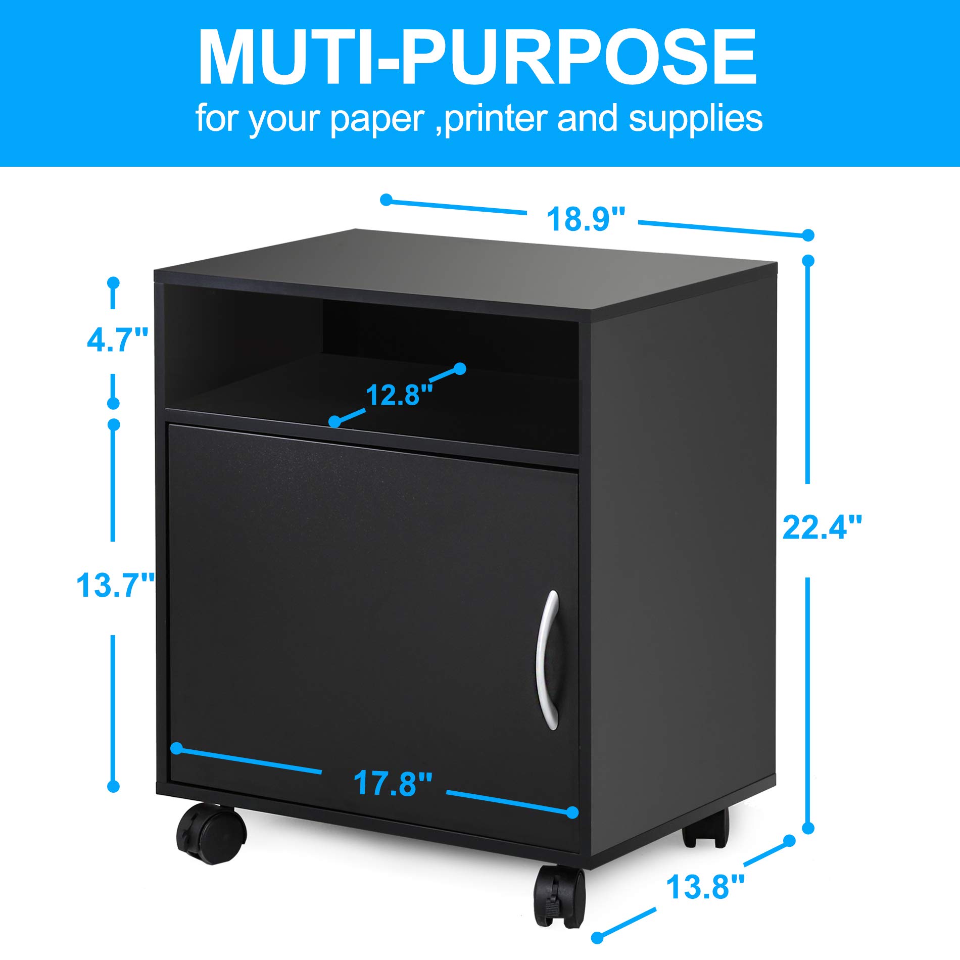 FITUEYES Adjustable Mobile Printer Stand with LED Light Strip - Rolling Wooden Work Cart with Storage Shelves & Door - Black Home Office Organizer for Printer, Scanner & Supplies - Perfect for Small Spaces & Workspaces