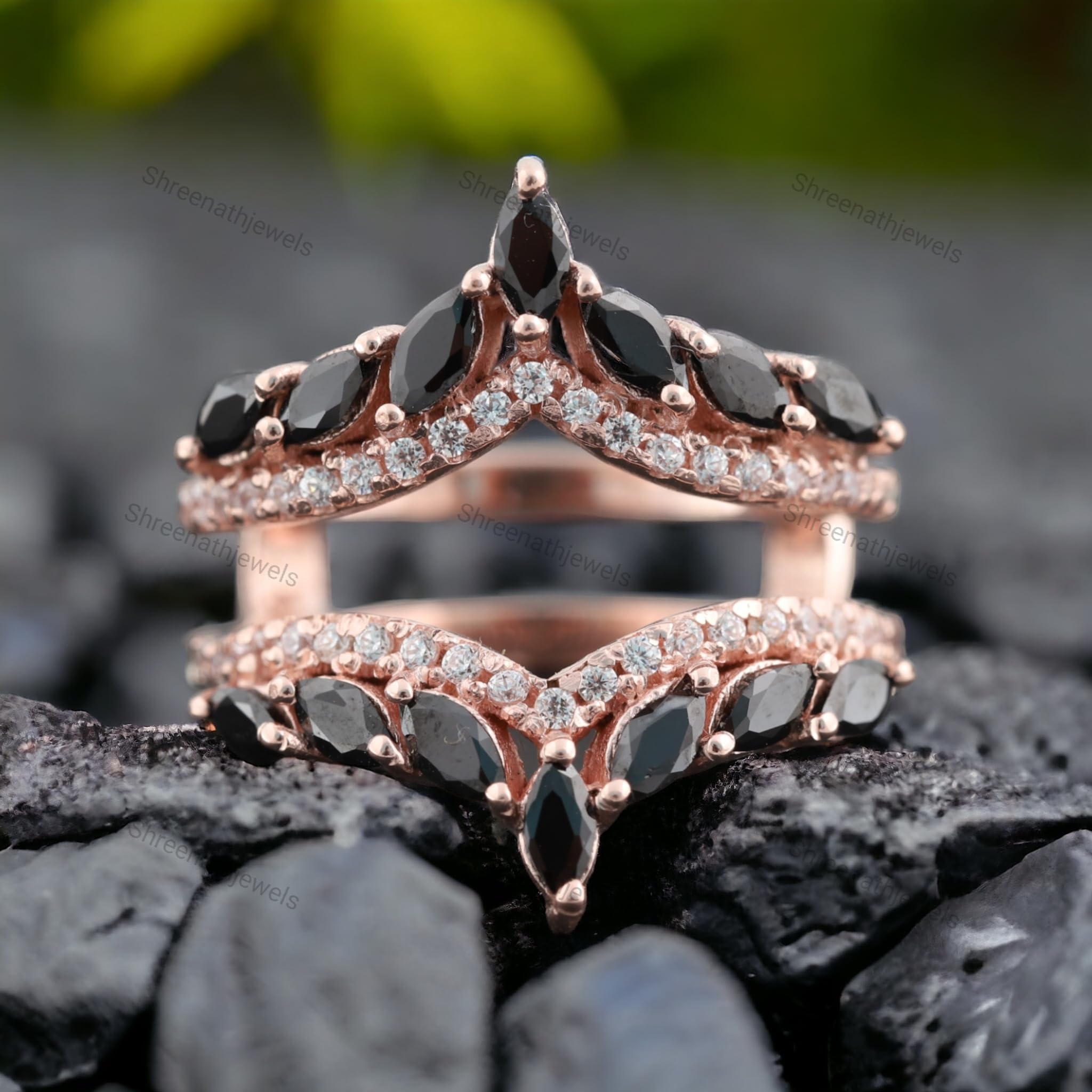 Black Onyx Wedding Band Enhancer Ring - Rose Gold Marquise Bridal Ring with CZ Diamonds | Unique Anniversary, Birthday Gift for Her | Perfect for Weddings, Engagements & Special Occasions | by SHREENATJEWELRY