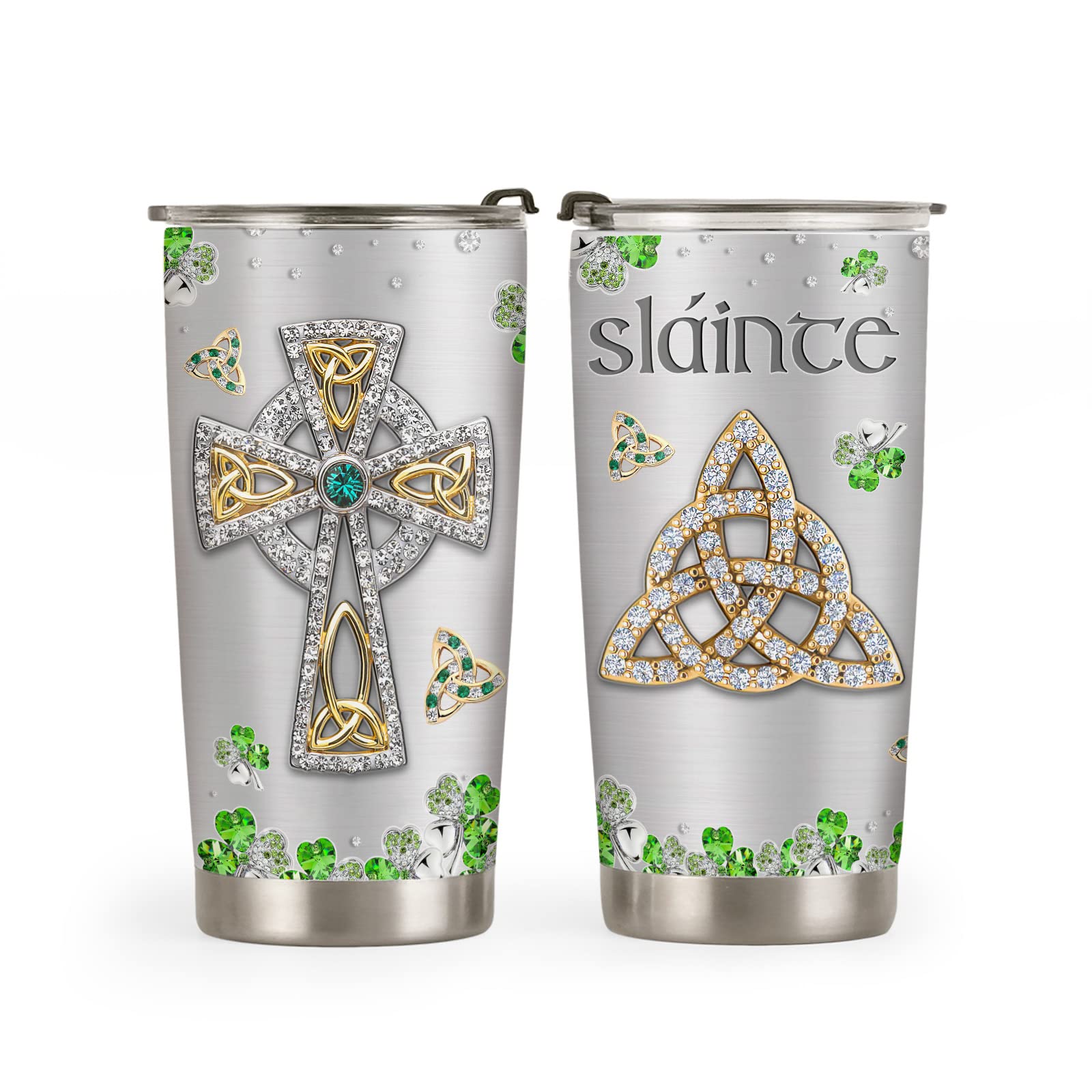 20oz Stainless Steel Double Wall Vacuum Insulated Irish Tumbler - Clover Leaf Slainte Design, Travel Coffee Mug with Lid, Perfect Irish Gift for Women | Great for Office, Commuting & Outdoor Adventures