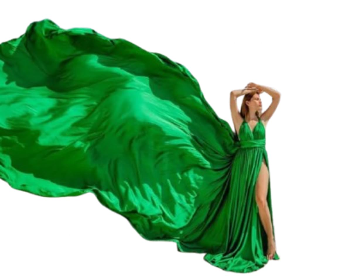 Elegant Long Flying Dress for Photoshoots - Satin Flowy Gown with Long Train & Tail | Perfect for Beach, Wedding, and Maternity Photography Sessions