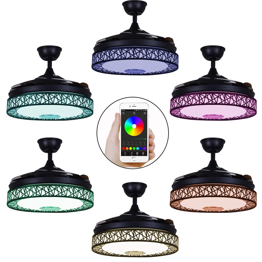 42 Inch Modern Retractable Ceiling Fan with LED Lights - 7 Color Dimmable Bluetooth Chandelier Fan, 3 Speed Remote Control - Perfect for Dining Room & Living Room Lighting & Air Circulation