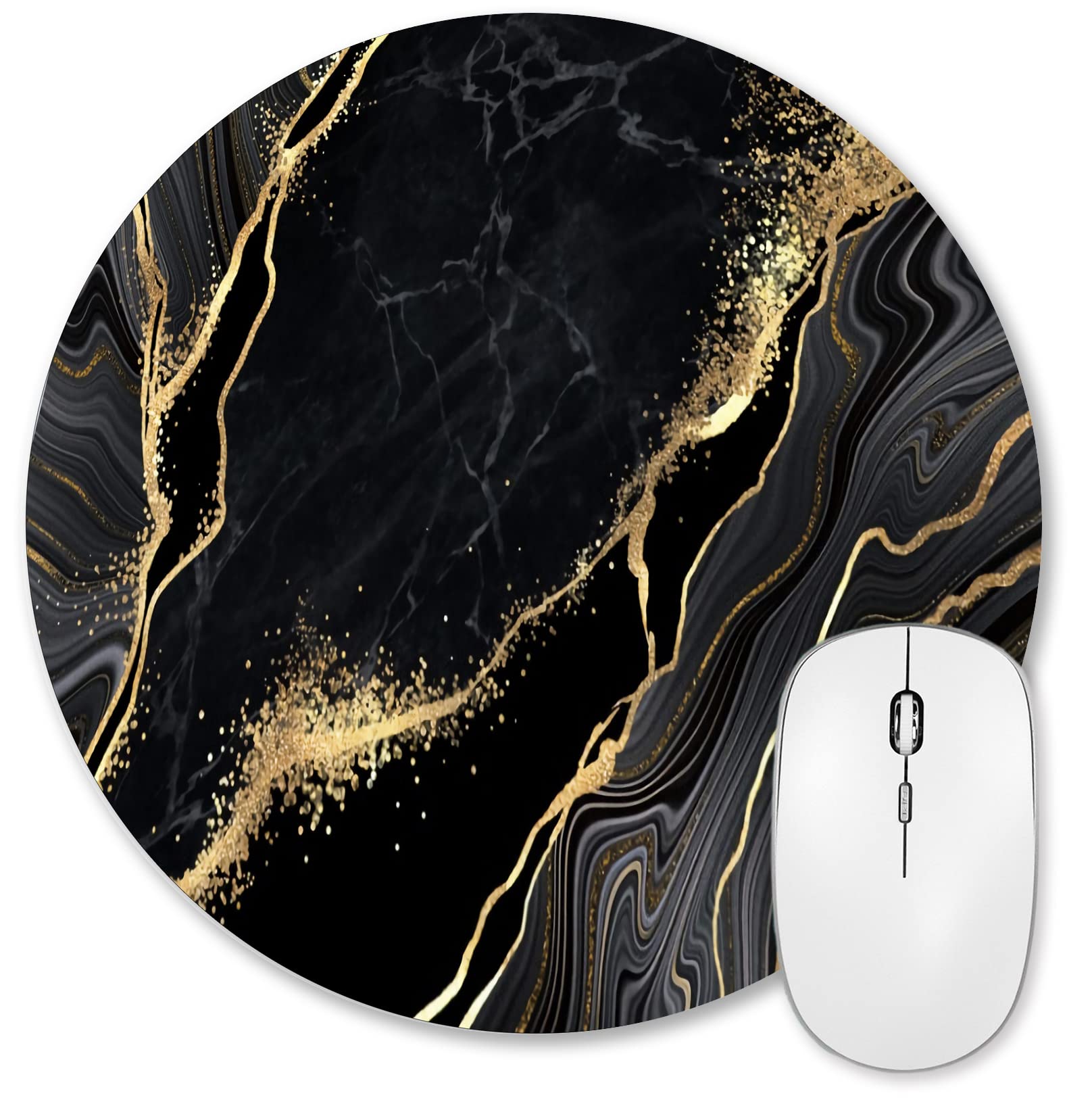 HUOCAIREN Black and Gold Marble Mouse Pad - Round Non-Slip Rubber Base Gaming Mousepad with Modern Thin Gold Line Design (7.9x7.9 Inch) - Perfect for Office, Home & Gaming Setup