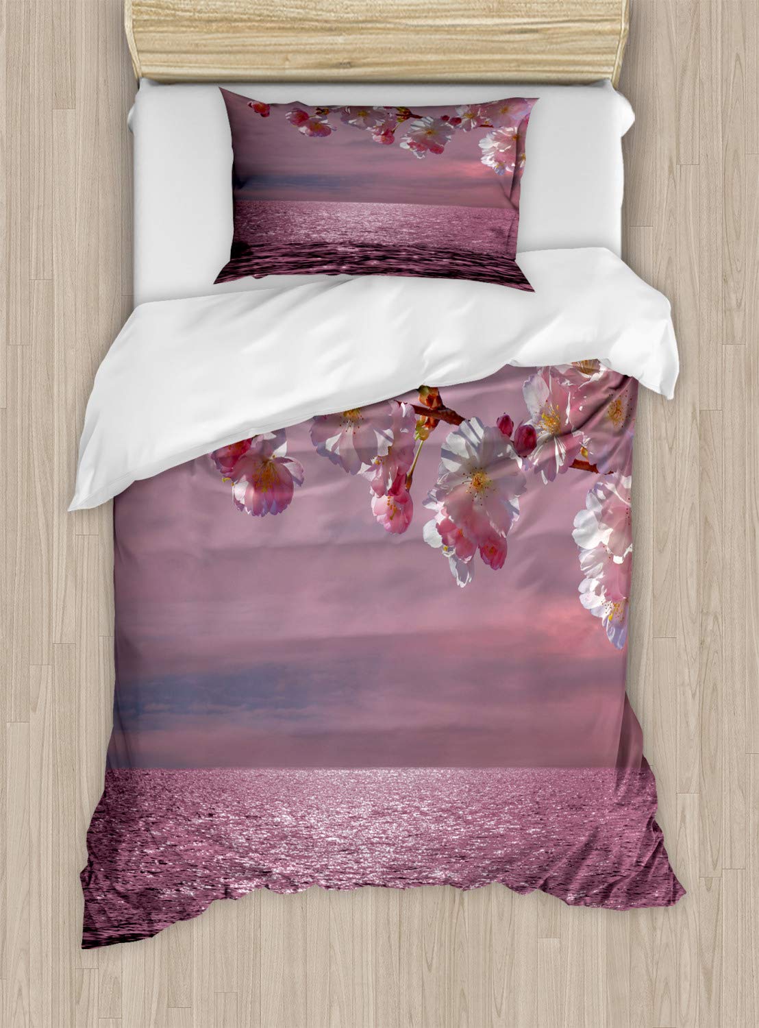 Ambesonne Japanese Cherry Blossom Duvet Cover Set - Floral Branch on Pink Abstract Sea & Sky Design, King Size 2-Pack with 2 Duvets & 4 Pillowcases, Pink & Pale Pink Bedding - Perfect for Spring Decor, Master Bedroom, Guest Room & Cozy Home Styling