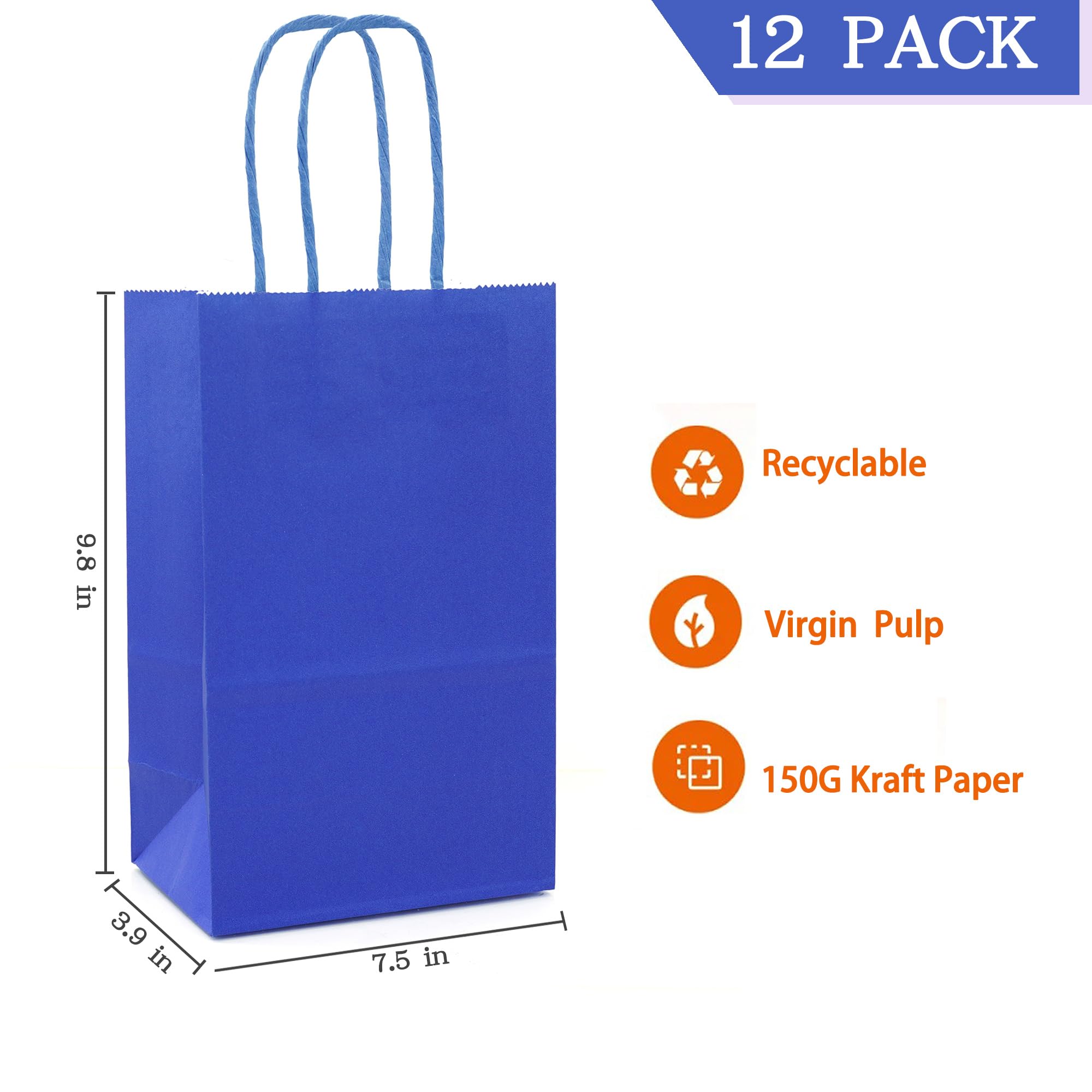 AZOWA 12-Pack Royal Blue Gift Bags with Handles - Medium Kraft Paper Bags (7.5