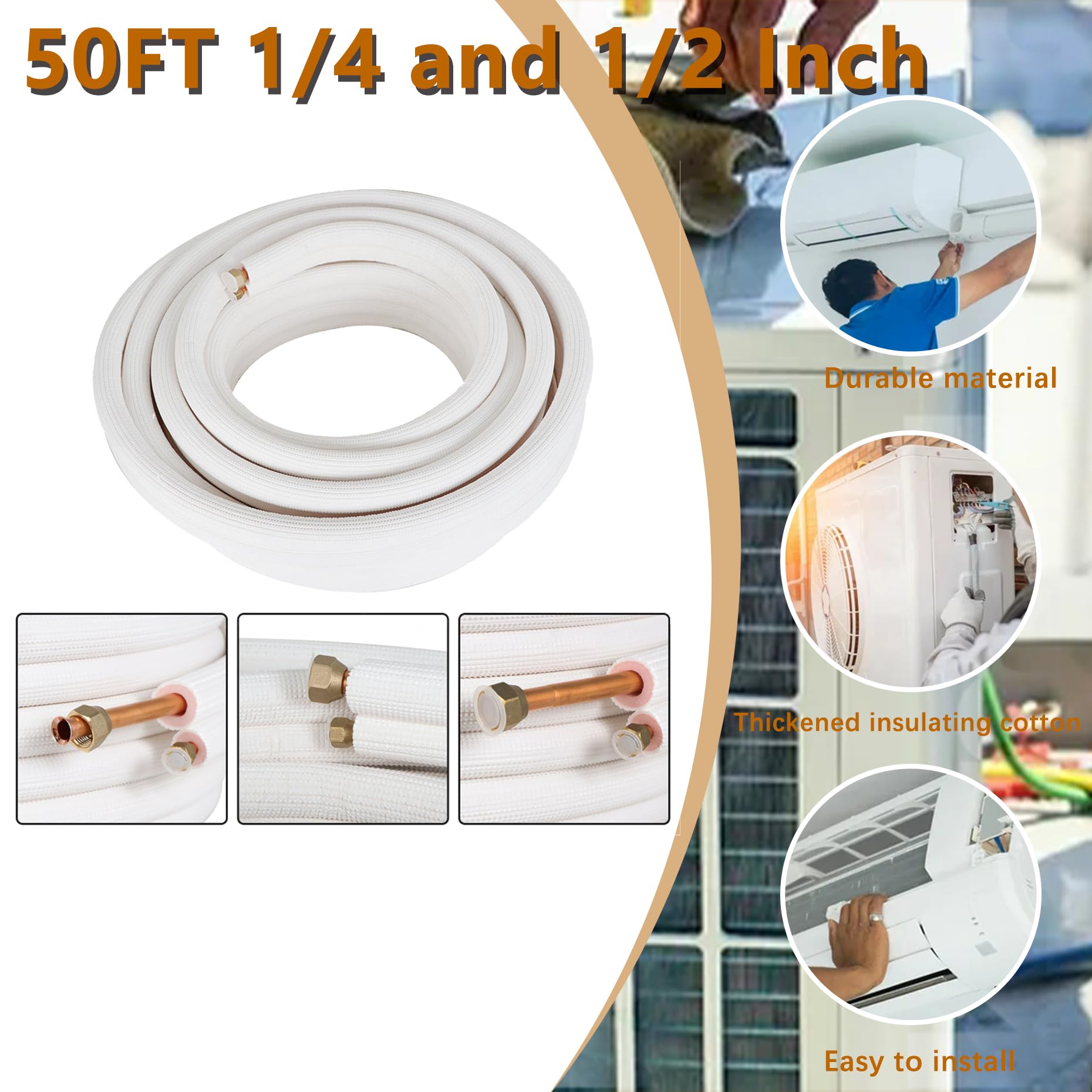 50FT 1/4 Inch & 1/2 Inch Insulated AC Copper Tubing Hose Extension - Flexible Refrigerant Line for Mini Split Air Conditioner - Perfect for HVAC Installation, Repair, and DIY Projects