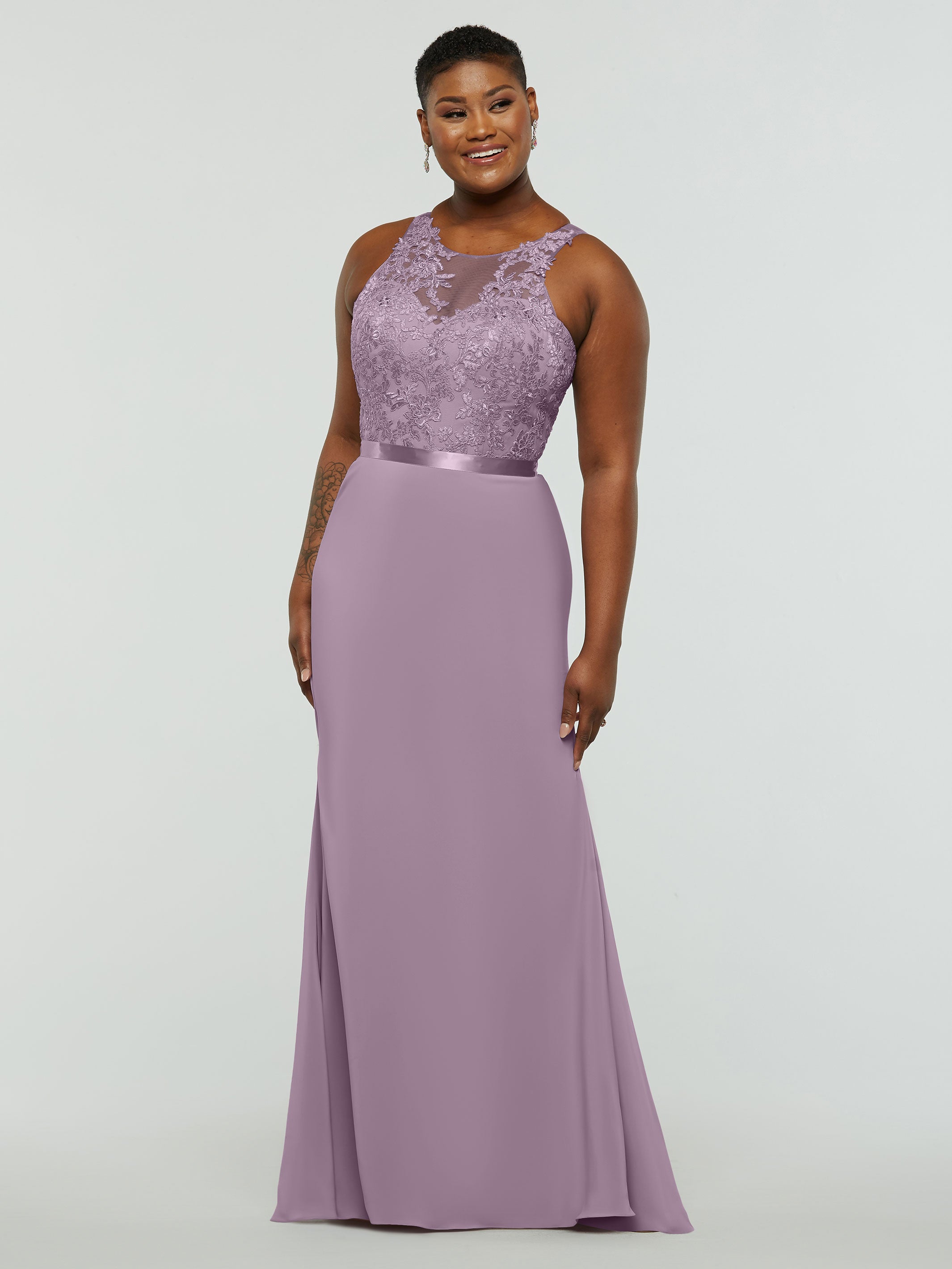 Elegant 80095 Stretch Chiffon Fit and Flare Bridesmaid Dress with Lace Illusion Bodice - Perfect for Weddings, Formal Events & Special Occasions