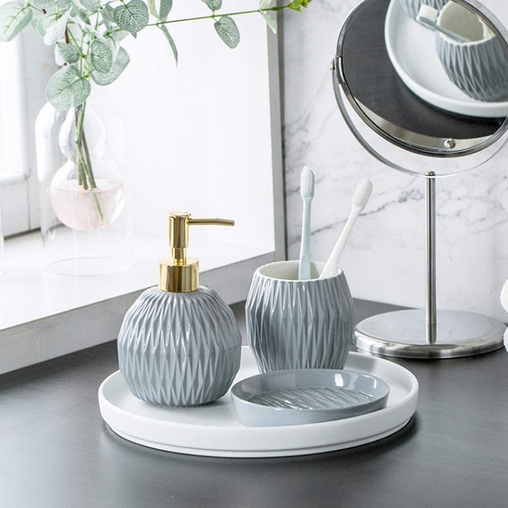 Nordic 4-Piece Bathroom Accessories Set - Soap Dispenser, 2 Cups & Soap Dish | Modern Bath Decor for Home, Spa & Hotel Use