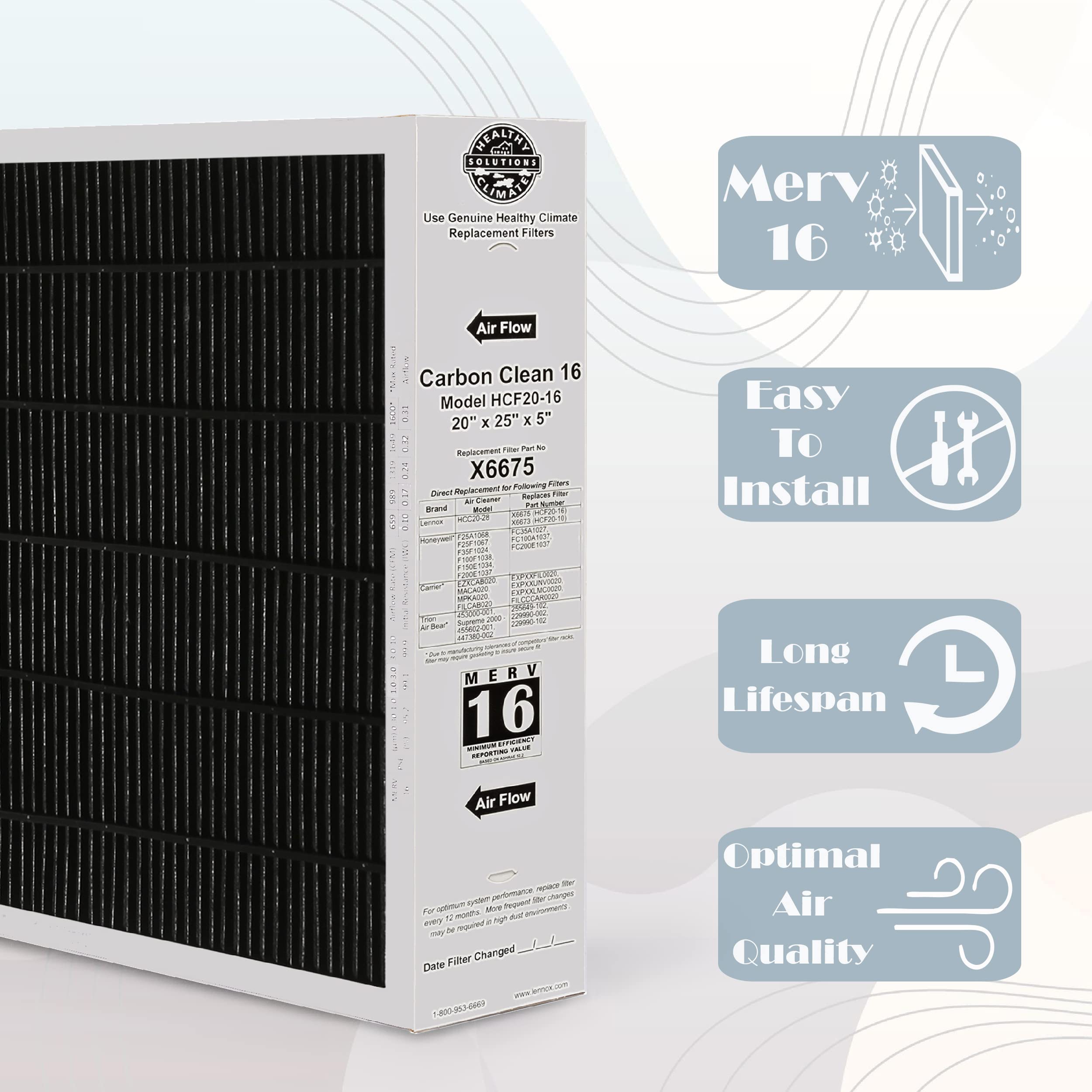 Lennox X6672 16x25x5 MERV 16 Furnace Air Filter - Healthy Climate Carbon Clean HVAC System Replacement - for Home, Office & Commercial Use - Includes Free Wholesalehome Cleaning Cloth - Improves Indoor Air Quality & Reduces Allergens