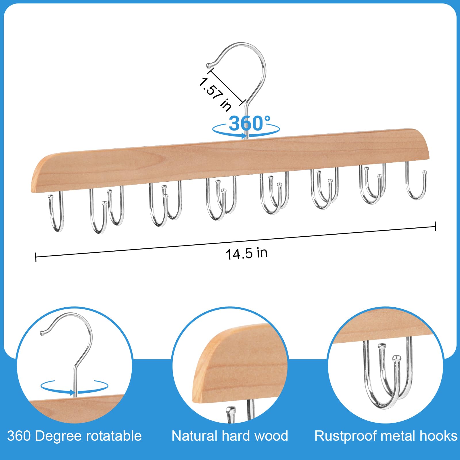 Sturdy Wooden Belt Hanger for Closet - 14 Hooks Holds 42 Belts & Ties | Space-Saving Closet Organizer for Men & Women | Perfect for Bedroom, Walk-in Closet & Dorm Storage (Yellow, 1 Pack)