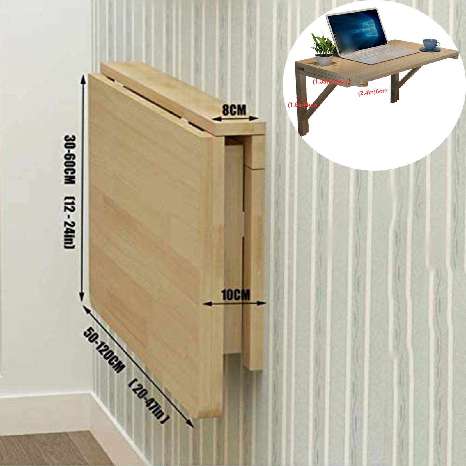 Solid Wood Fold Down Drop-Leaf Table - Wall Mounted Folding Desk for Study, Bedroom, Bathroom or Balcony - Space Saving Computer Workbench & Hanging Bookshelf - 120x50cm/47x20in - Perfect for Small Apartments, Home Offices & Dorm Rooms