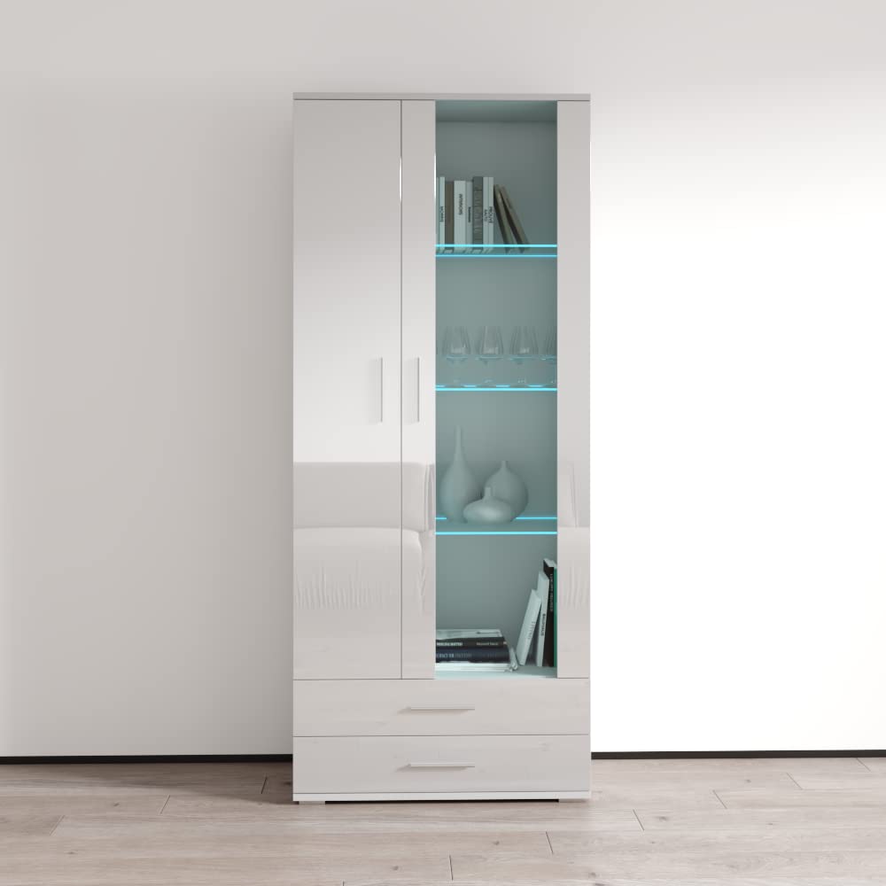 Modern Soho S6 2D2S Freestanding Bookcase - Customizable LED Light Wooden Bookshelf with Mirror Cabinet - White - Perfect for Living Room, Office & Bedroom Storage