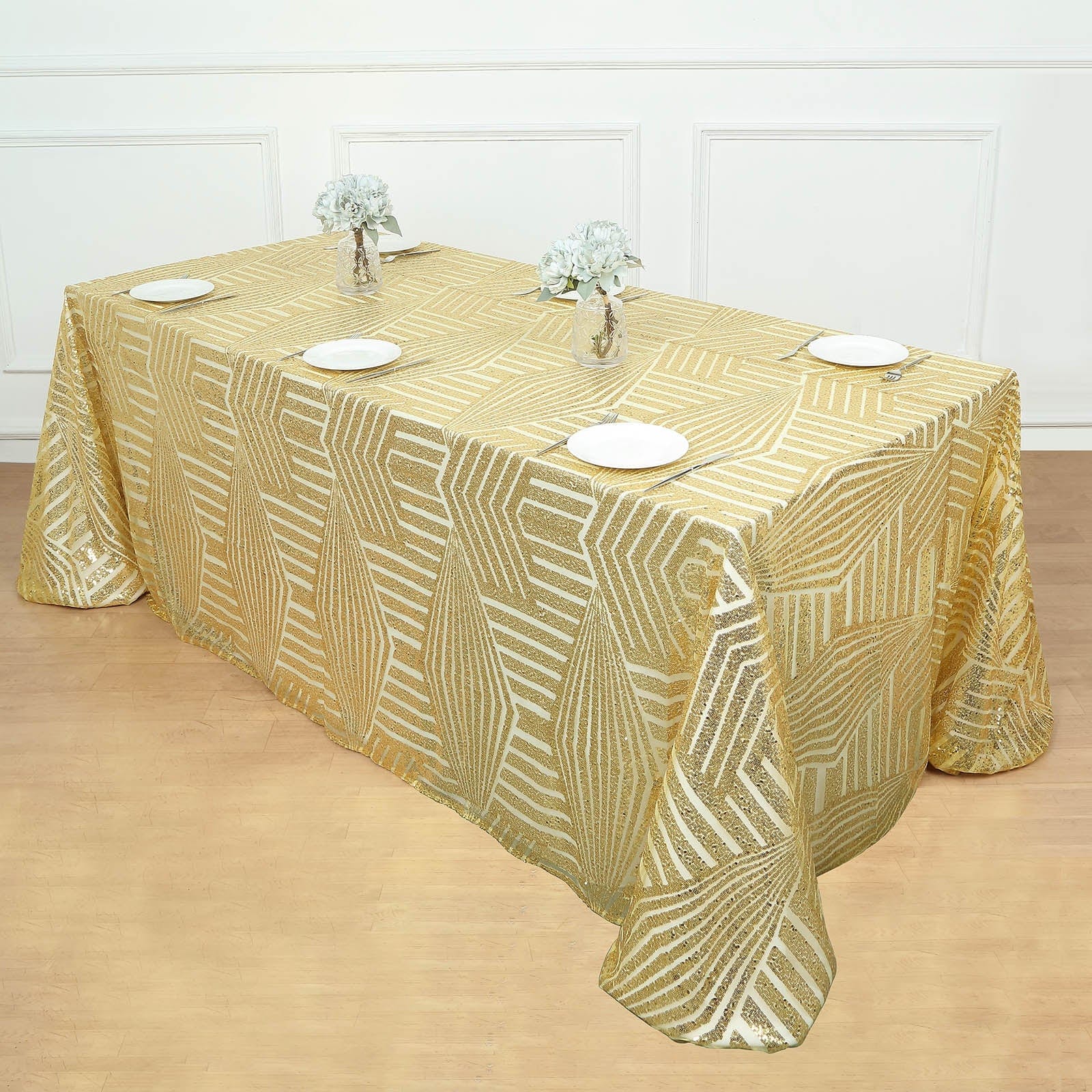 90x132 Inch Sparkling Sequin Geometric Tulle Tablecloth - Elegant Rectangular Wedding, Party, and Banquet Decor