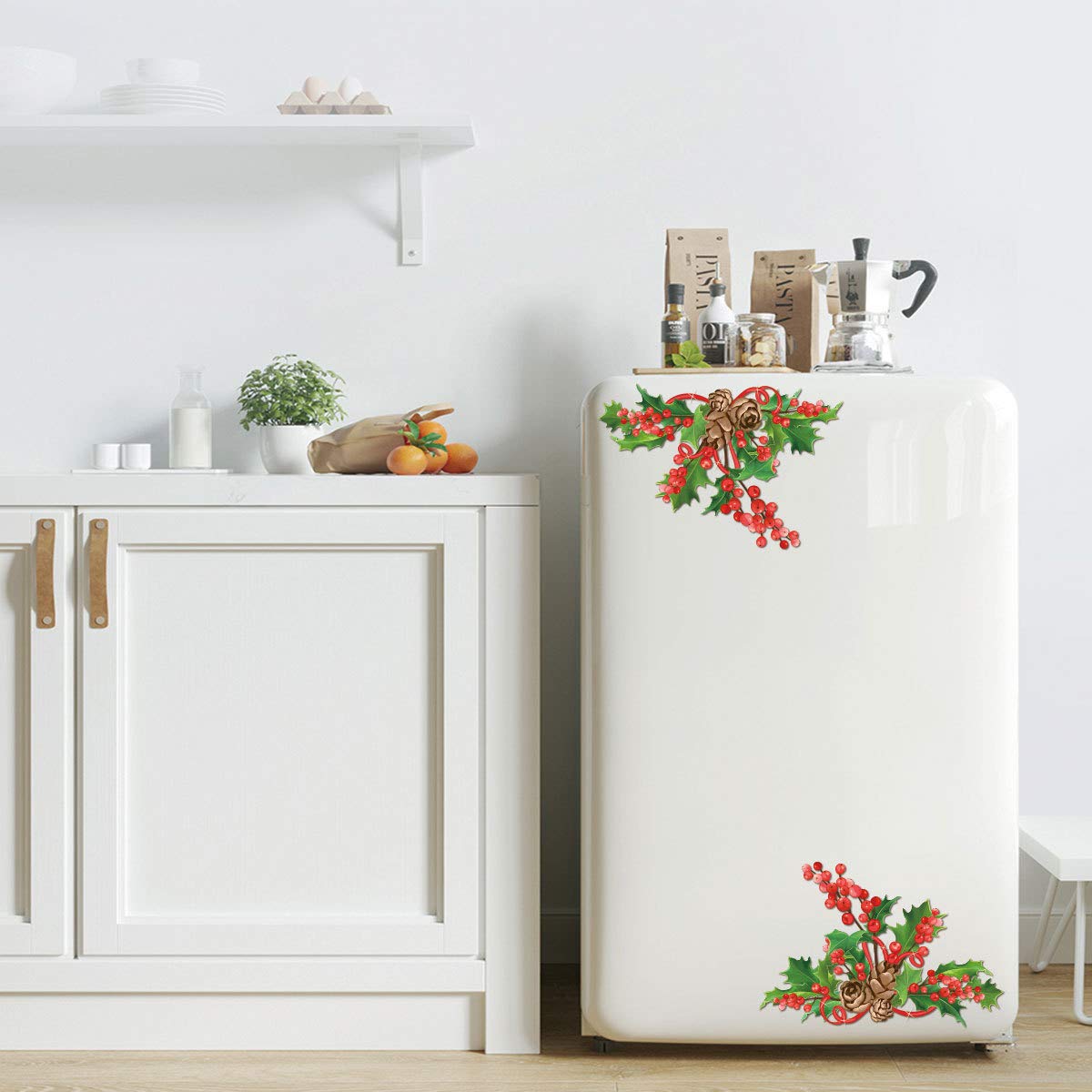 Christmas Window Glass Wall Decals - Red Berry Fridge Refrigerator Stickers, Toilet Lid & Cabinet Glass Diagonal Decorations | Removable Holiday Stickers for Xmas Home Decor | Perfect for Kitchen, Bathroom & Living Room Seasonal Decorating