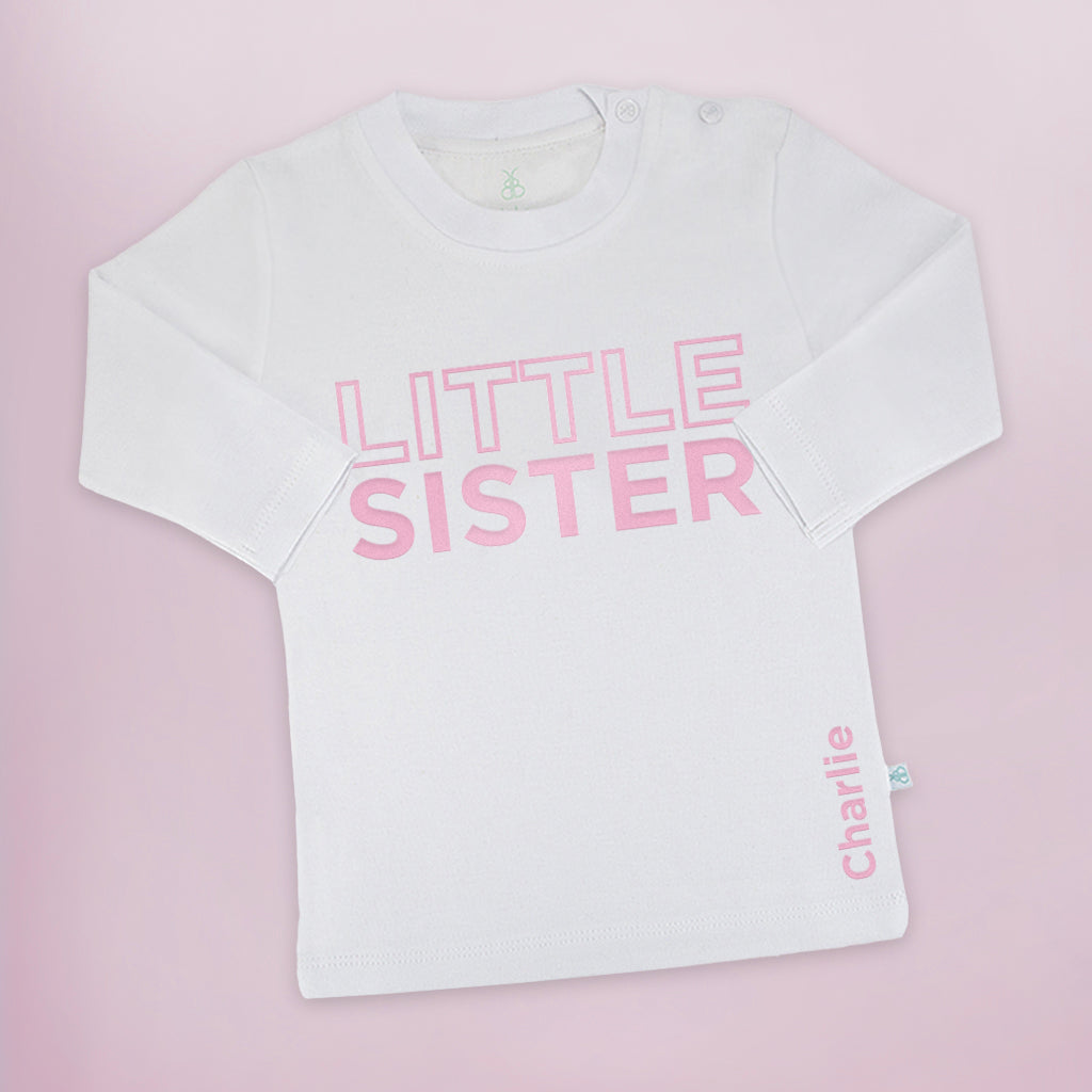 Custom Little Sister T-Shirt - Long Sleeve Cotton Top for Siblings - Perfect for Family Photos, Birthdays & Matching Outfits