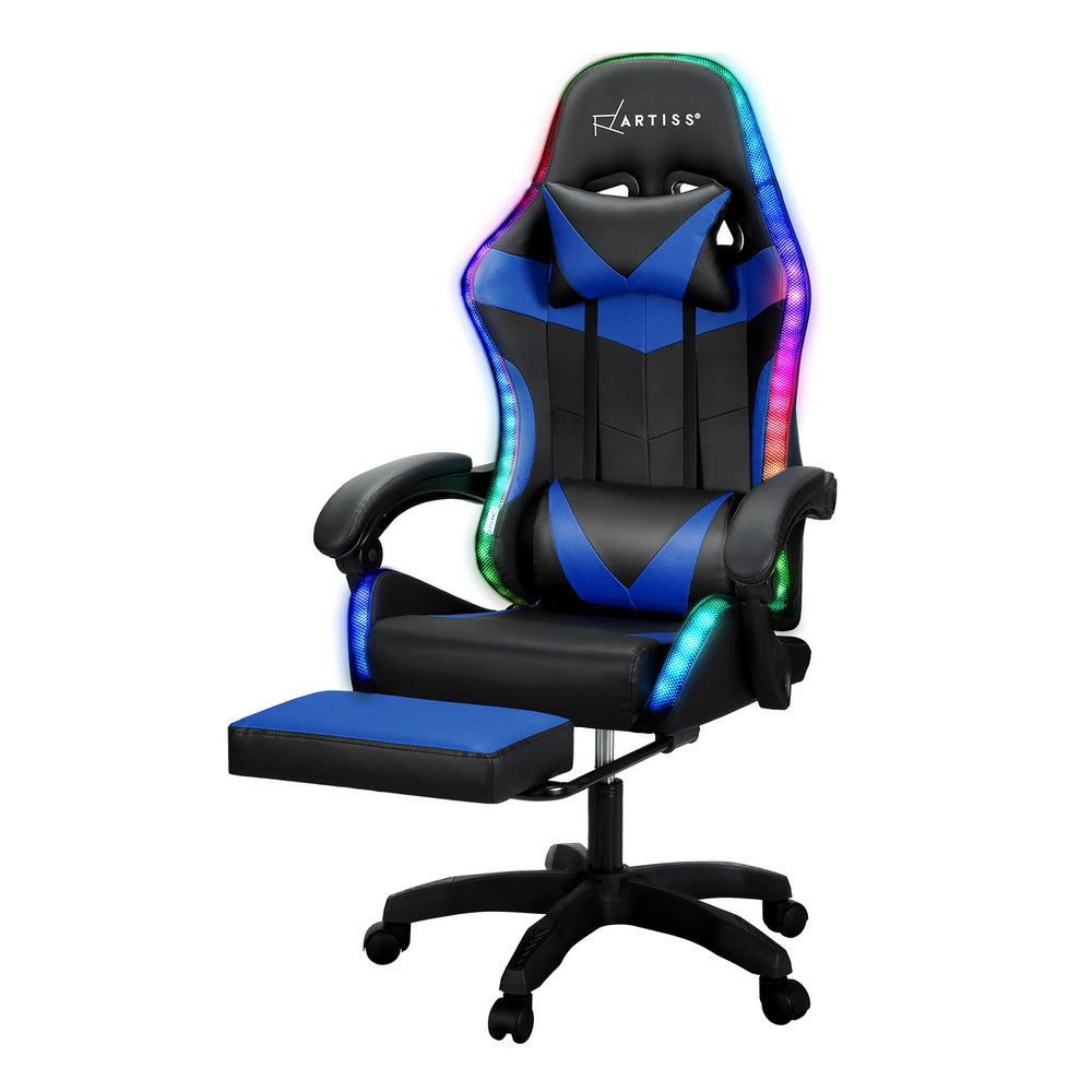 Artiss 6-Point Massage Gaming & Office Chair with LED Footrest - Blue - Perfect for Home Office, Gaming Setup & Relaxation