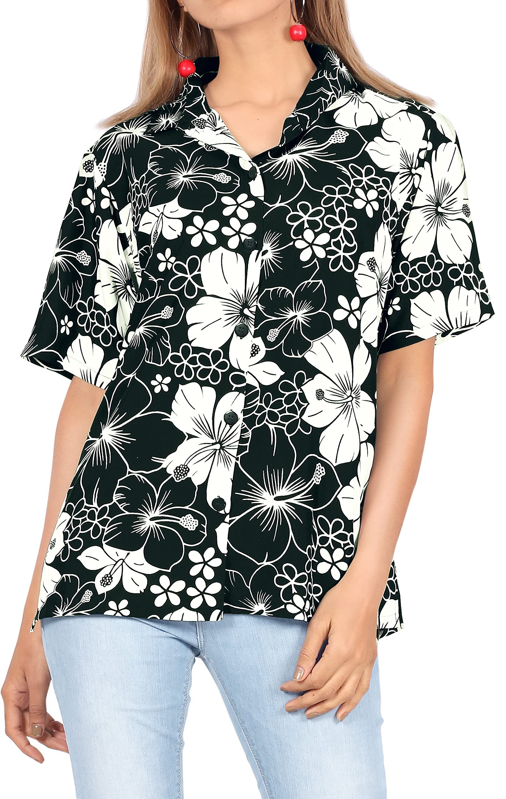 LA LEELA Women's Hawaiian Short Sleeve Beach Blouse - Floral Print Vacation Shirt for Summer, Pool Party & Tropical Getaway
