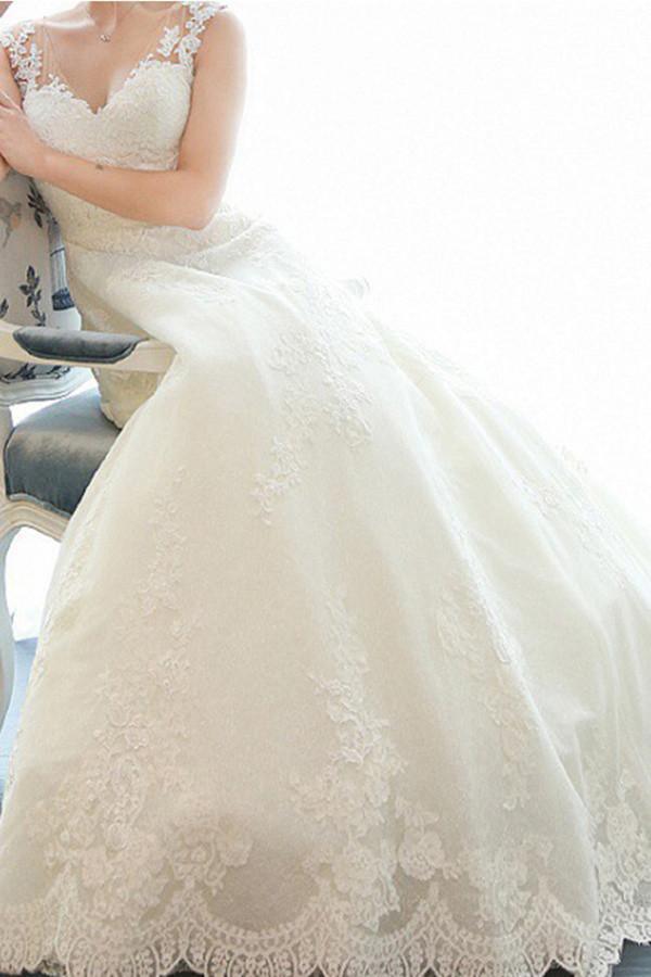 Elegant A-Line Deep V-Neck Lace Wedding Dress with Floral Appliques - TN0101 | Perfect for Bridal Ceremony, Wedding Reception, and Formal Events