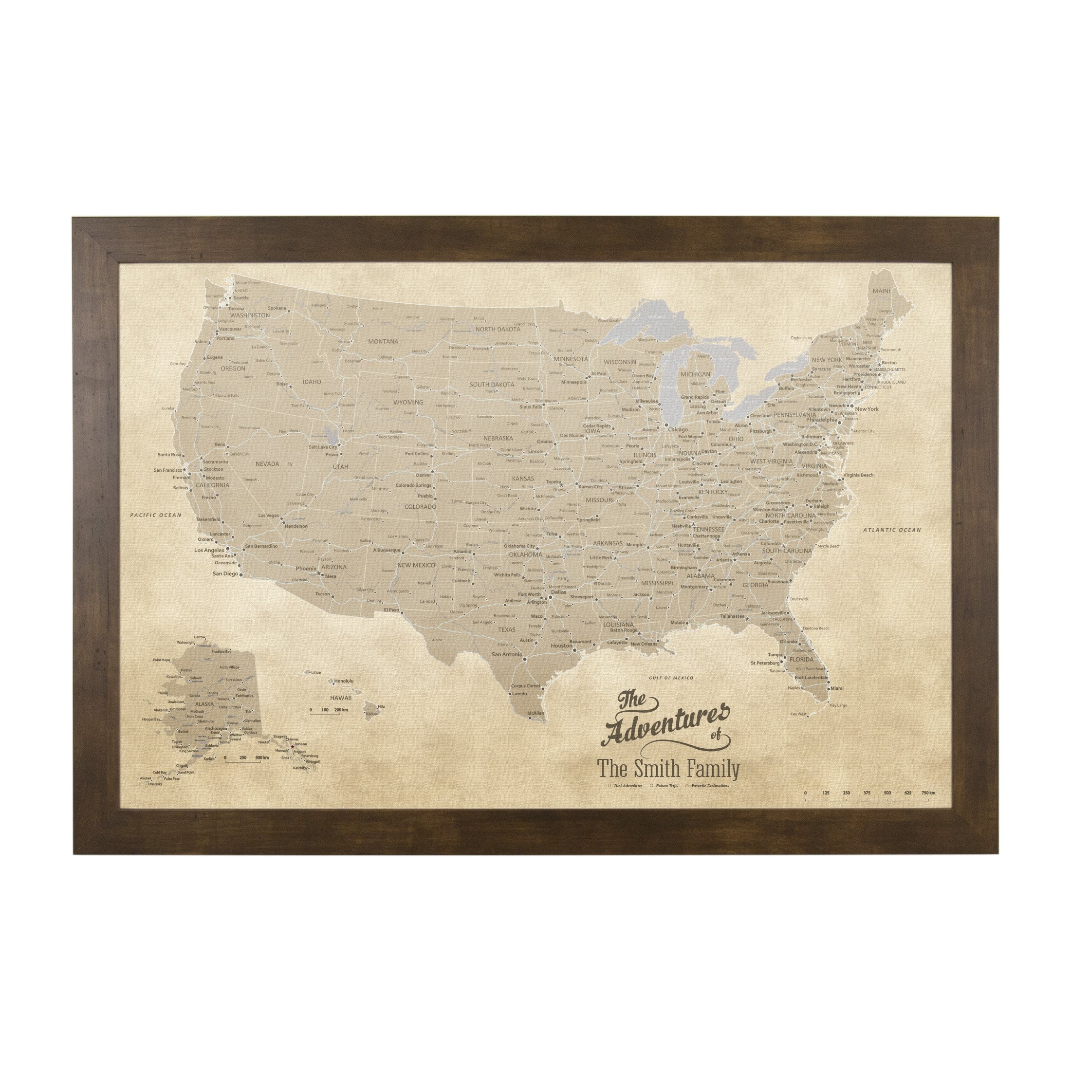 Personalized Vintage USA Push Pin Travel Map - Rustic Brown Canvas Frame for Home Decor & Travel Enthusiasts | Perfect for Living Room, Office & Adventure Planning