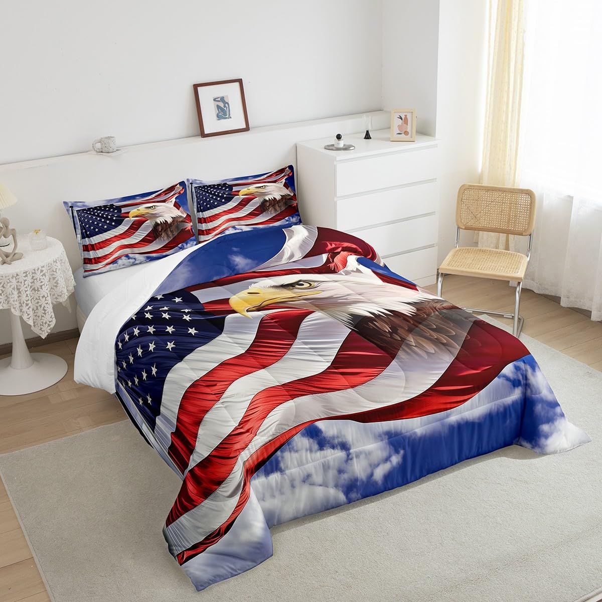 Patriotic American Flag Comforter Set with Bald Eagle Design - Full Size Down Duvet Insert & 2 Pillowcases for Kids & Boys - Independence Day & 4th of July Theme Bedding - Perfect for Holiday Decorations, Bedroom Makeovers & National Pride Celebrations