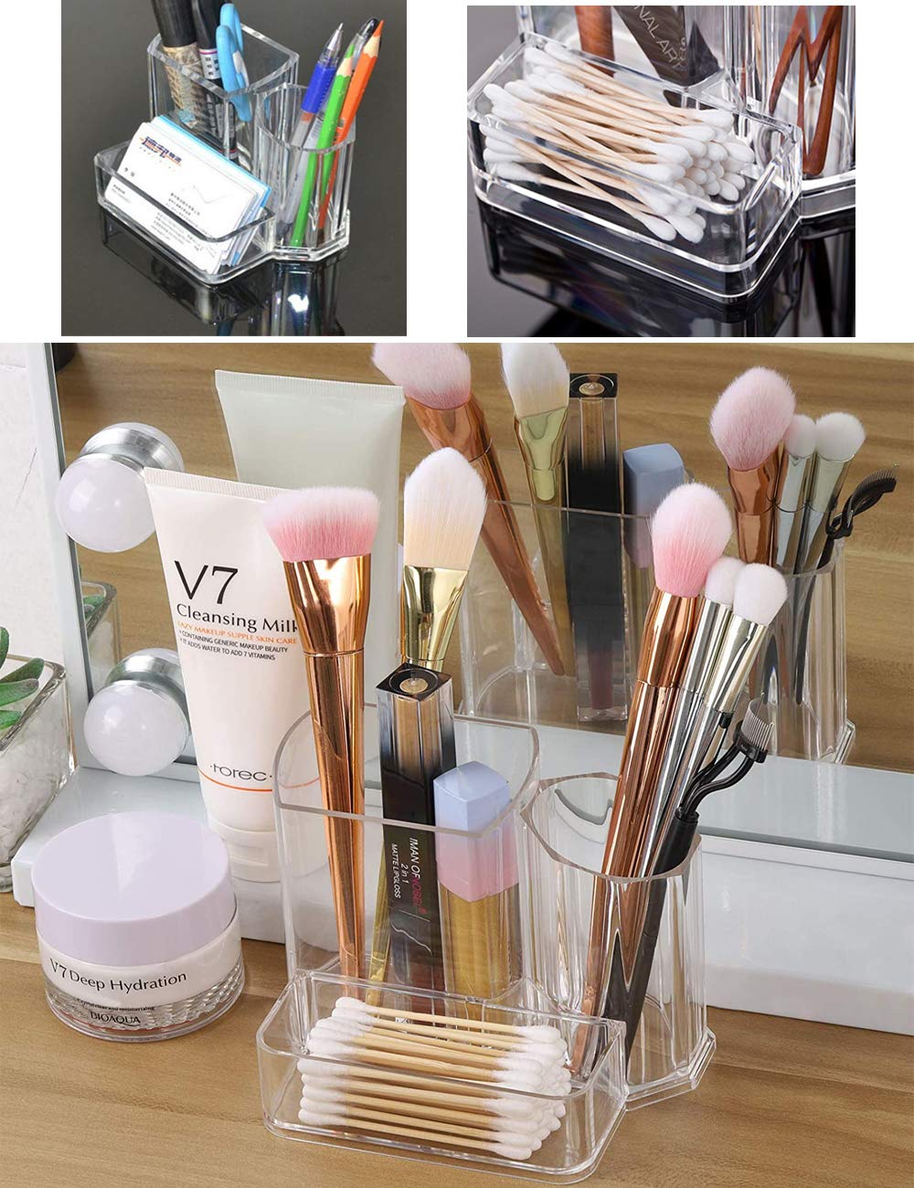 Clear Acrylic Makeup Brush Organizer - 3-Compartment Cosmetic Storage Case for Eyeliners, Eyebrows & Qtips | Multi-Purpose Vanity Organizer for Home, Office & Travel | Perfect for Makeup Artists, Beauty Enthusiasts & Professional Use