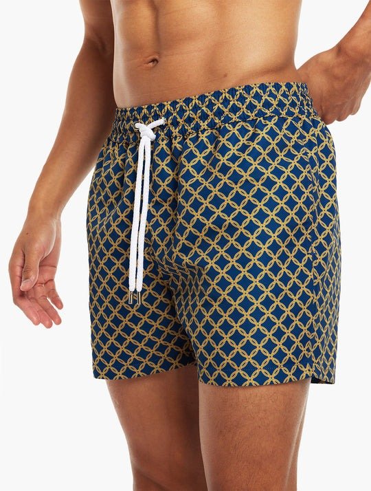 FRESCOBOL CARIOCA Treliça Sport Swim Shorts for Men - Quick Dry, Comfortable Beach Swimwear in Ocean Blue/Gold - Perfect for Swimming, Surfing, and Summer Vacations
