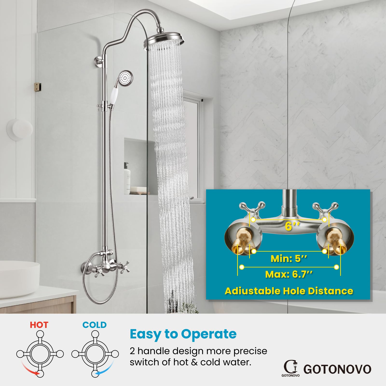 Luxury 8 Inch Wall Mount Rainfall Shower System - Brushed Nickel Exposed Shower Faucet Set with Adjustable Arc Rod & Handheld Spray - Perfect for Modern Bathrooms & Spa-Like Experience
