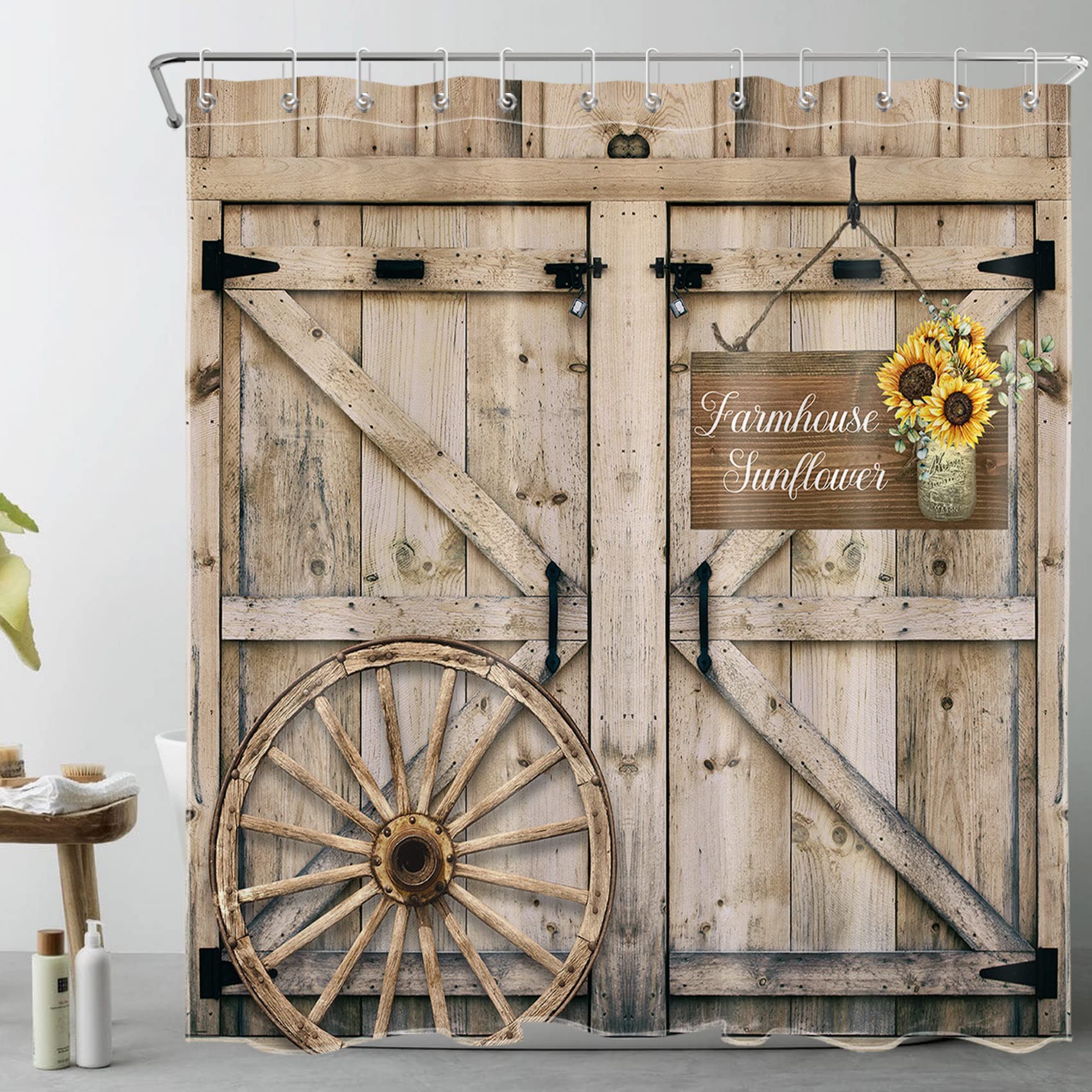 Rustic Farmhouse Shower Curtain - Vintage Barn Wood Design with Sunflower Pattern, 72x72 Inch Polyester Bathroom Decor for Country Style Homes (Perfect for Farmhouse, Cottage & Rustic Bathroom Themes)