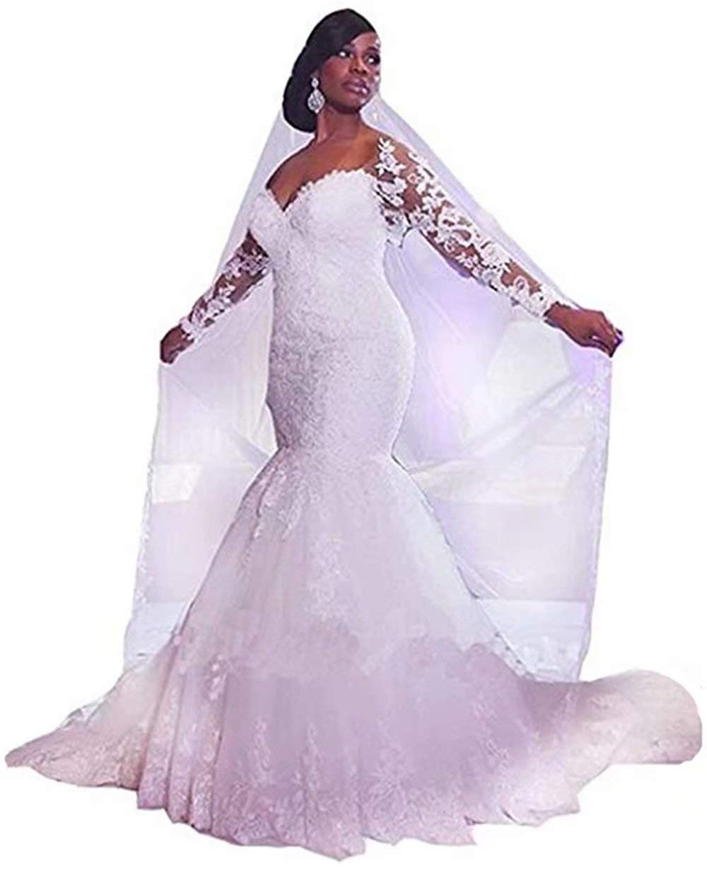 Off The Shoulder Long Sleeve Lace Mermaid Wedding Dress with Beaded Details - Elegant Bridal Gown for Beach, Church & Formal Ceremonies