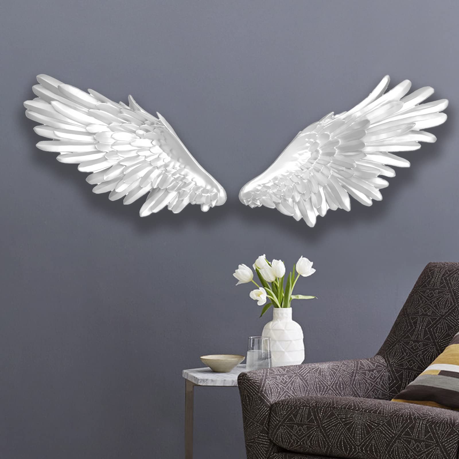 Premium 3D White Angel Wings Wall Art Sculpture - Elegant Home Decor for Living Room, Bedroom, Dining Room & Study - Perfect Gift for Friends & Family - Ideal for Wedding, Nursery & Spiritual Spaces