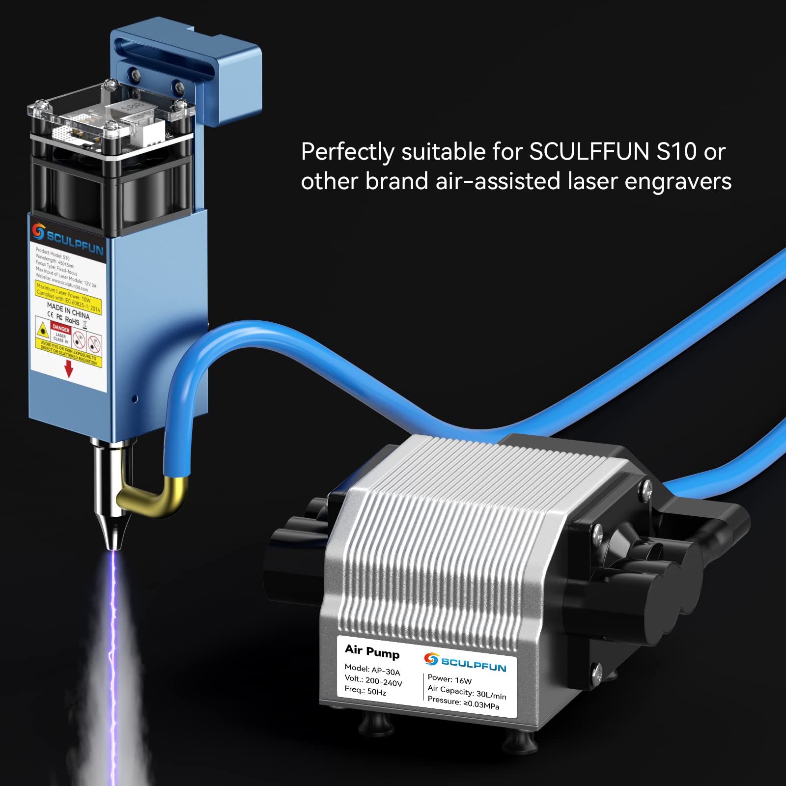 SCULPFUN S10 Air Assist Kit - Adjustable 0-30L/Min Air Flow, Low Noise Laser Engraver Accessory for Wood, Metal, Acrylic Cutting & Engraving | Perfect for DIY Crafts, Sign Making & Jewelry Design