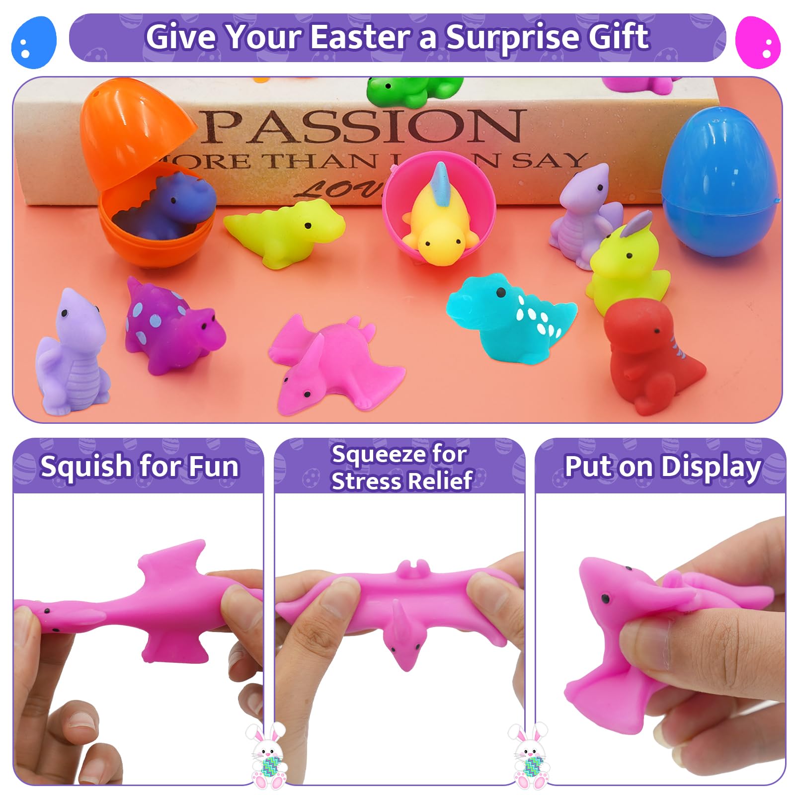 24 Pack Dinosaur Mochi Squishy Toys for Easter Egg Hunt Fillers - Stress Relief Sensory Toys for Kids, Toddlers, Teens (Boys & Girls) - Perfect for Easter Basket Stuffers, Party Favors & Sensory Play