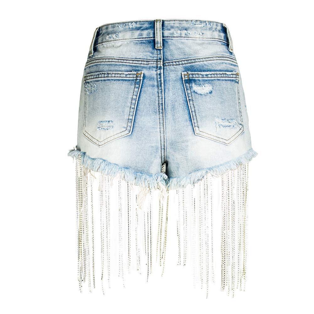COMLIFE Women's Summer Denim Shorts - Tassel Fringe Wide Leg Rhinestone Embellished Sexy High Waist Jeans for Beach, Party & Casual Outfits
