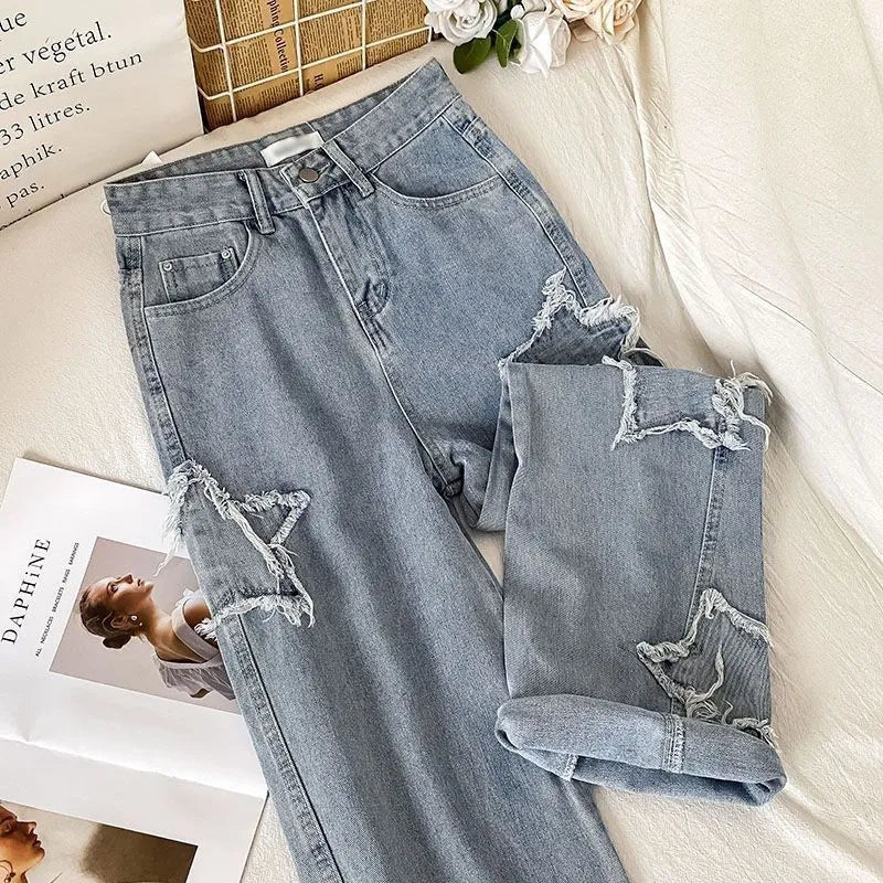 Trendy Korean Denim Jeans for Women - High Waist Straight Leg Loose Fit with Star Design | Spring & Autumn Fashion | Perfect for Casual Wear, Street Style & Daily Outfits