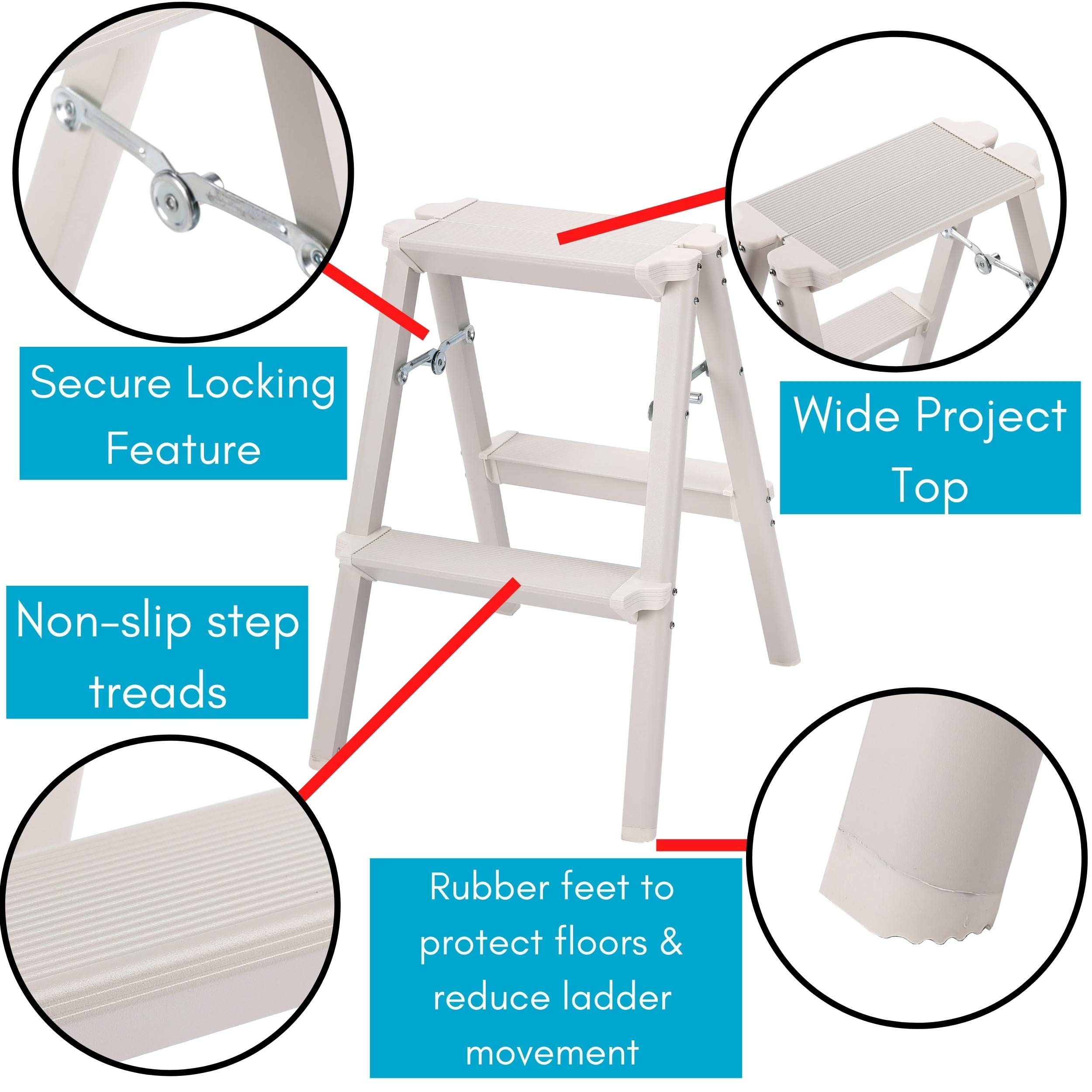 BIRDROCK HOME 2-Step Compact Steel Step Ladder - Lightweight Folding Stool with Anti-Slip Steps - Perfect for Kitchen, Pantry, Closet & Home Office - Indoor Use - Silver (2-Step) - Ideal for Reaching High Shelves, Changing Light Bulbs & Home Organization
