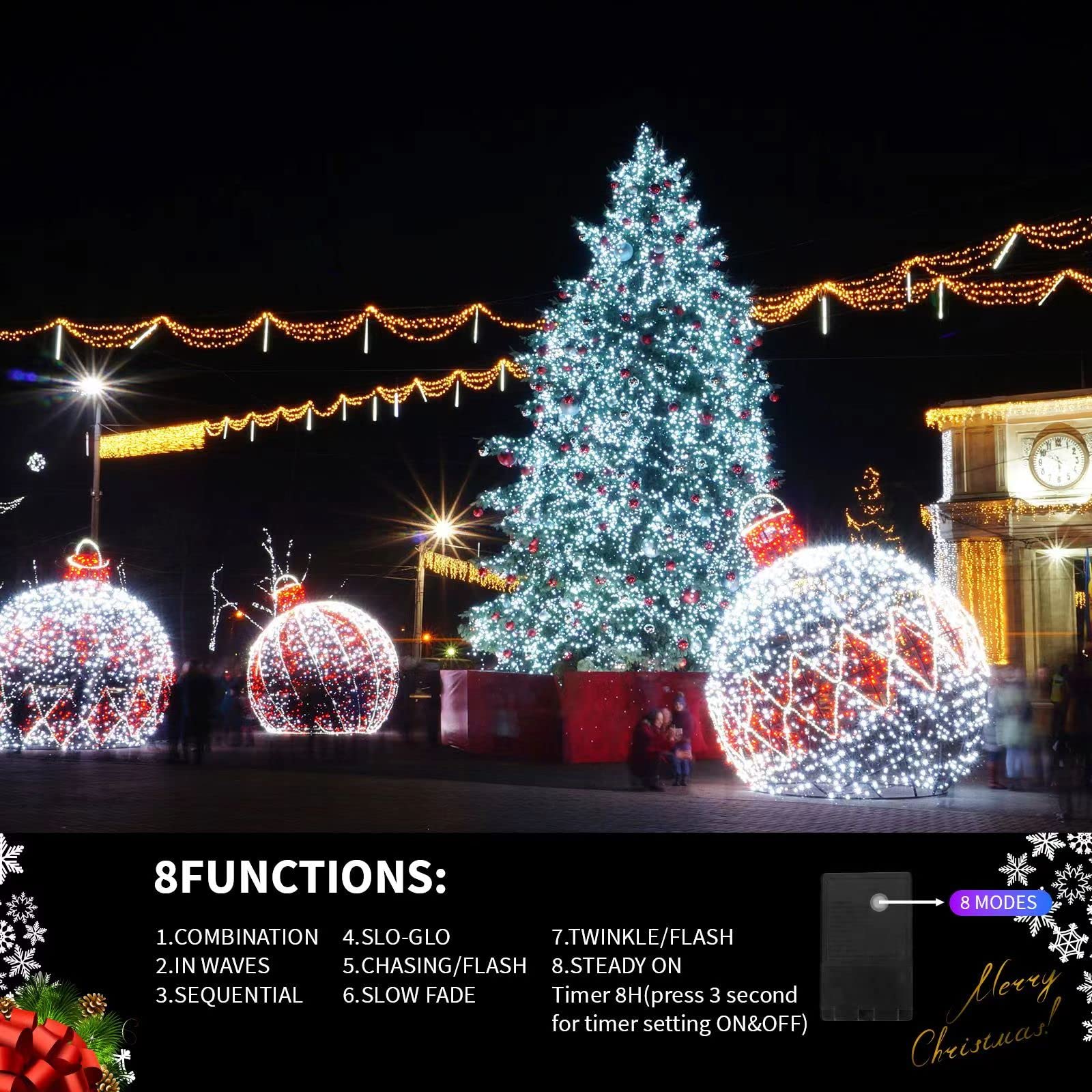 105FT 360 LED Outdoor String Lights White - Extendable Waterproof Christmas Lights with 8 Lighting Modes & Timer - Perfect for Holiday Party, Wedding, Garden, Patio and Bedroom Decorations