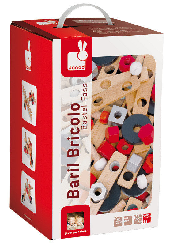 Janod BricoKids DIY Barrel Building Set - 100 Piece Wooden Construction Toy for Kids Ages 4-8 | Creative STEM Learning & Pretend Play | Perfect for Birthday Gifts & Classroom Activities