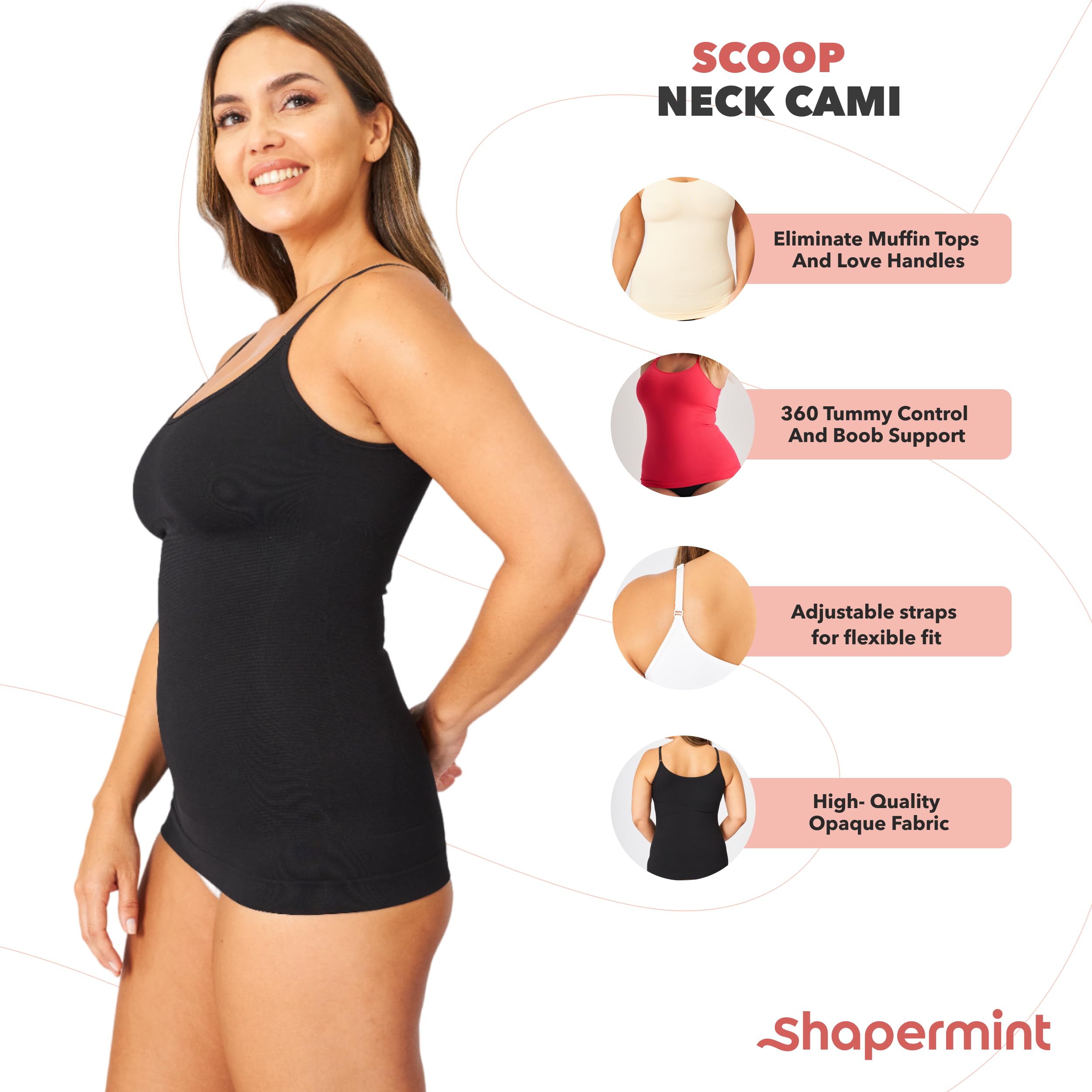 SHAPERMINT Women's Shapewear Tops - Slimming Scoop Neck Cami with Tummy Control | Seamless Body Shaper Tank Top for Everyday Wear & Layering