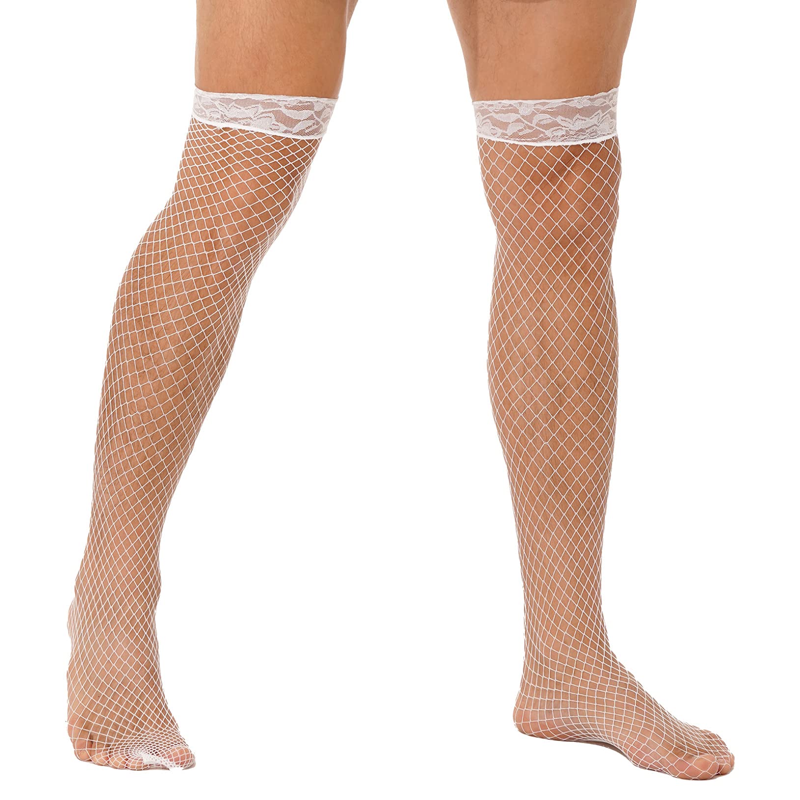 Freebily Men's Fishnet Lace Trim Stockings - Hollow Out Mesh Thigh-High Socks for Nightwear & Cosplay - Sexy Gothic Fashion Accessories for Parties, Halloween & Lingerie Outfits