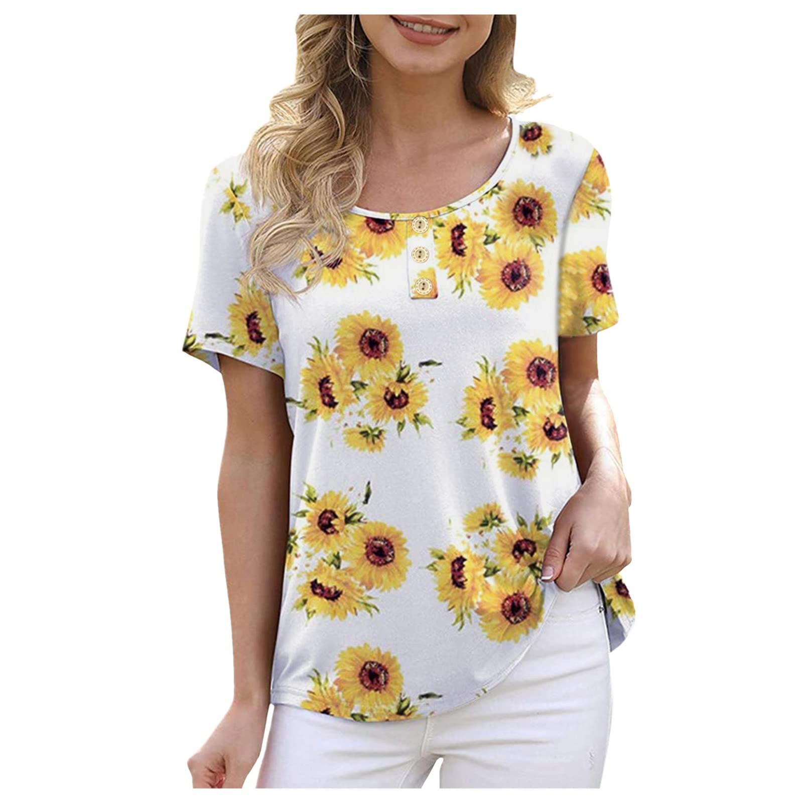 Women's Summer Button Up T-Shirts - Short Sleeve Casual Tunic Tops & Loose Blouses | Crewneck Tee Shirts for Work, Vacation & Everyday Wear