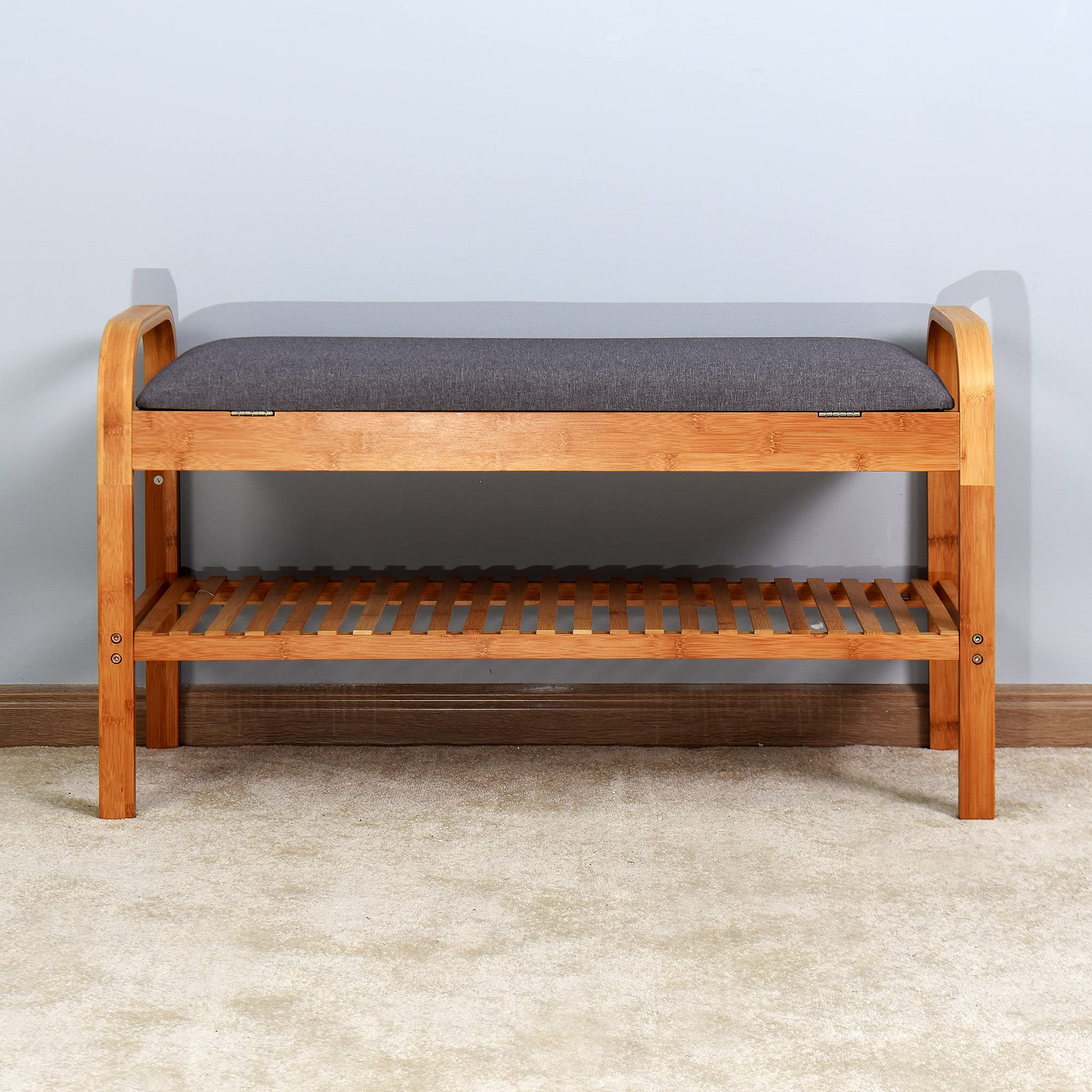 HomVent Shoe Bench with Storage - Small Entryway Bench Seat, Bamboo Shoe Rack & Stool with Cushion for Hallway, Living Room, Bedroom - Perfect for Organizing Shoes & Adding Seating Space