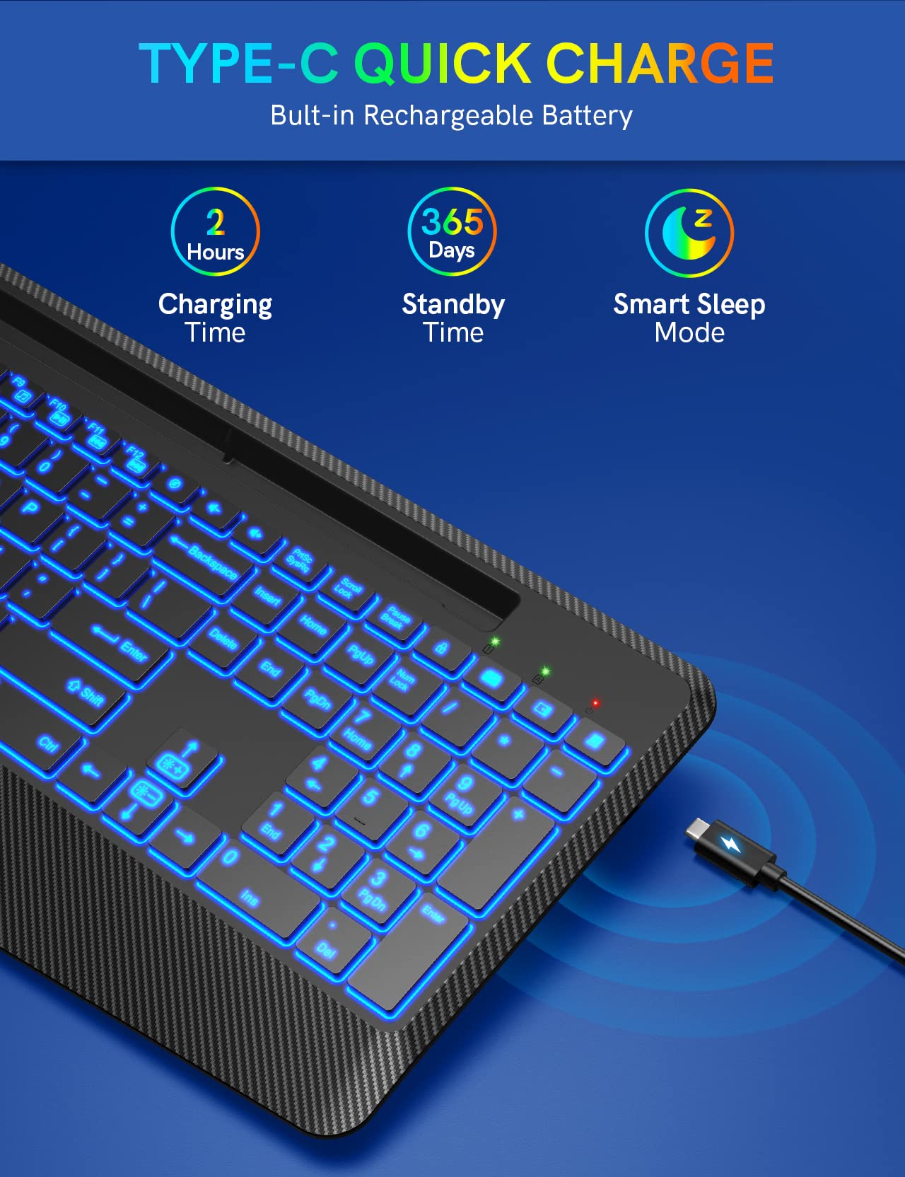 Rechargeable Wireless Keyboard with 7-Color Backlit, Ergonomic Wrist Rest & Phone Holder - Silent Mechanical Keyboard for Windows, MacBook, PC, Laptop (Black) | Perfect for Office, Gaming & Home Use