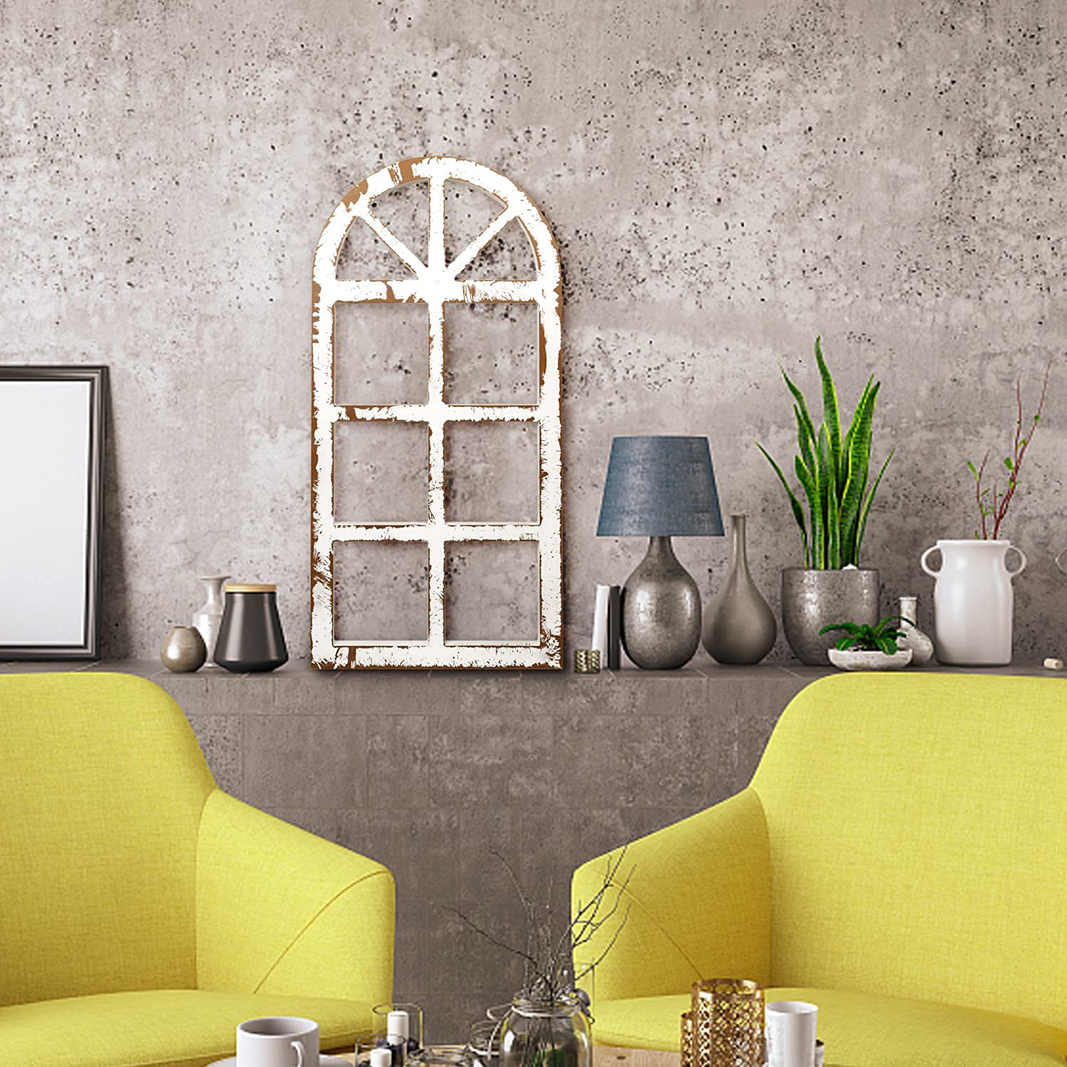 Rustic Wood Window Frame Wall Decor - Farmhouse Style Cathedral Arched Wall Art for Bedroom, Living Room, Kitchen, and Office (Pair)