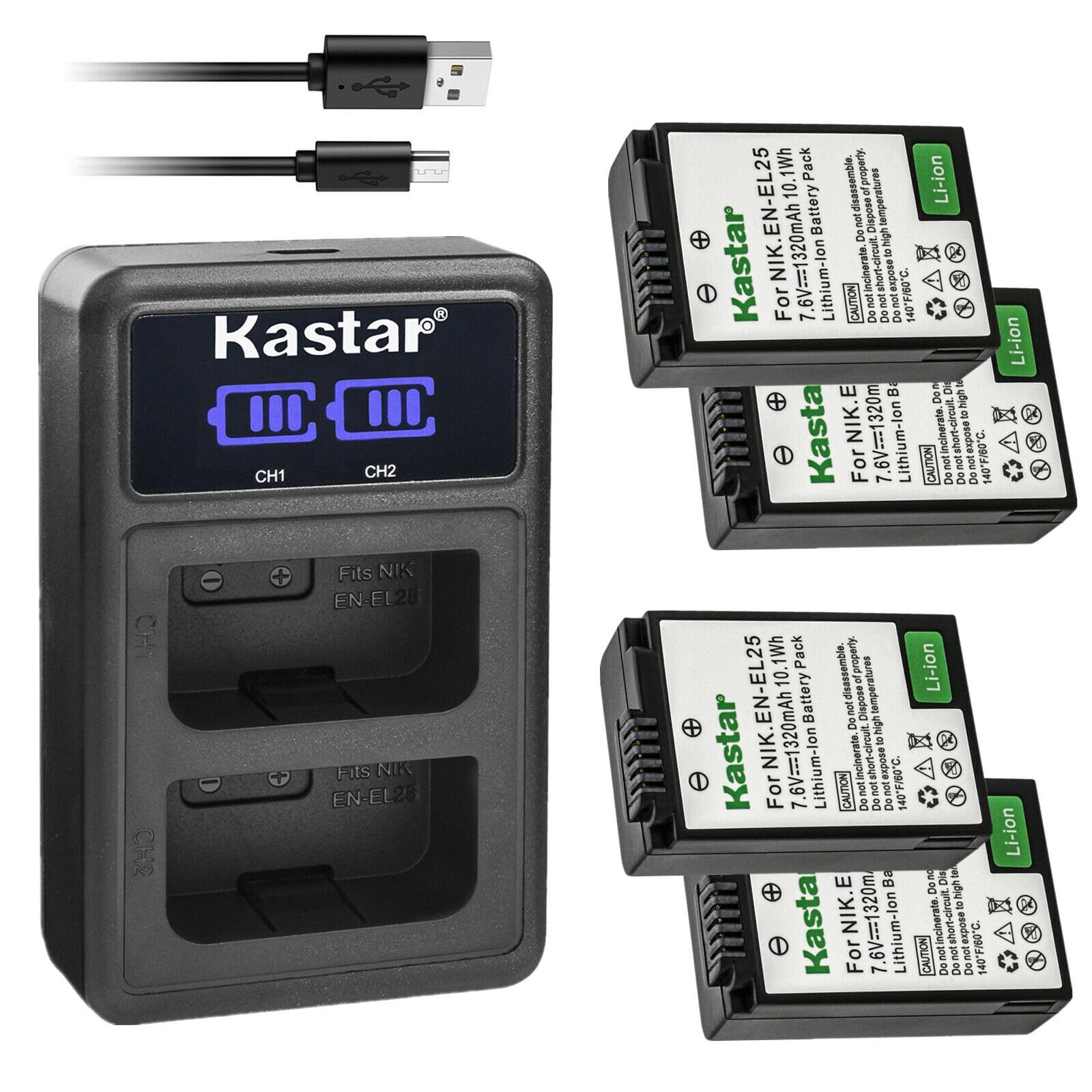 Kastar 4-Pack EN-EL25 Battery & LCD Dual USB Charger Set for Nikon Z50, Z FC Mirrorless Cameras - Compatible with EN-EL25a 4241 Battery & MH-32 Charger - Perfect for Travel, Vlogging & Photography