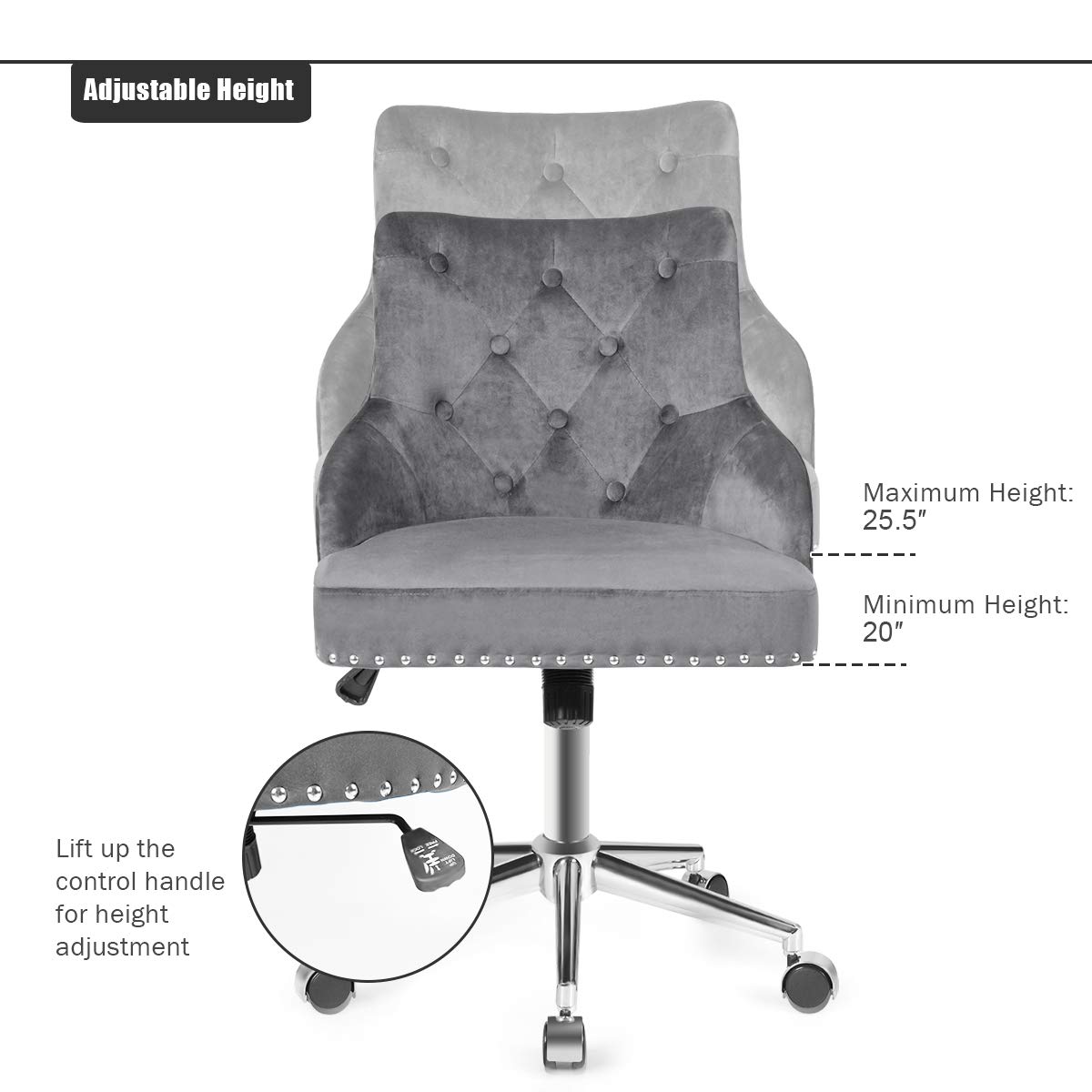 Giantex Modern Velvet Office Chair with Tufted Upholstery & Nailhead Trim - Adjustable Mid-Back Swivel Armchair for Home Office, Computer Desk & Workspace - Comfortable Task Chair for Working, Studying & Gaming (Gray)