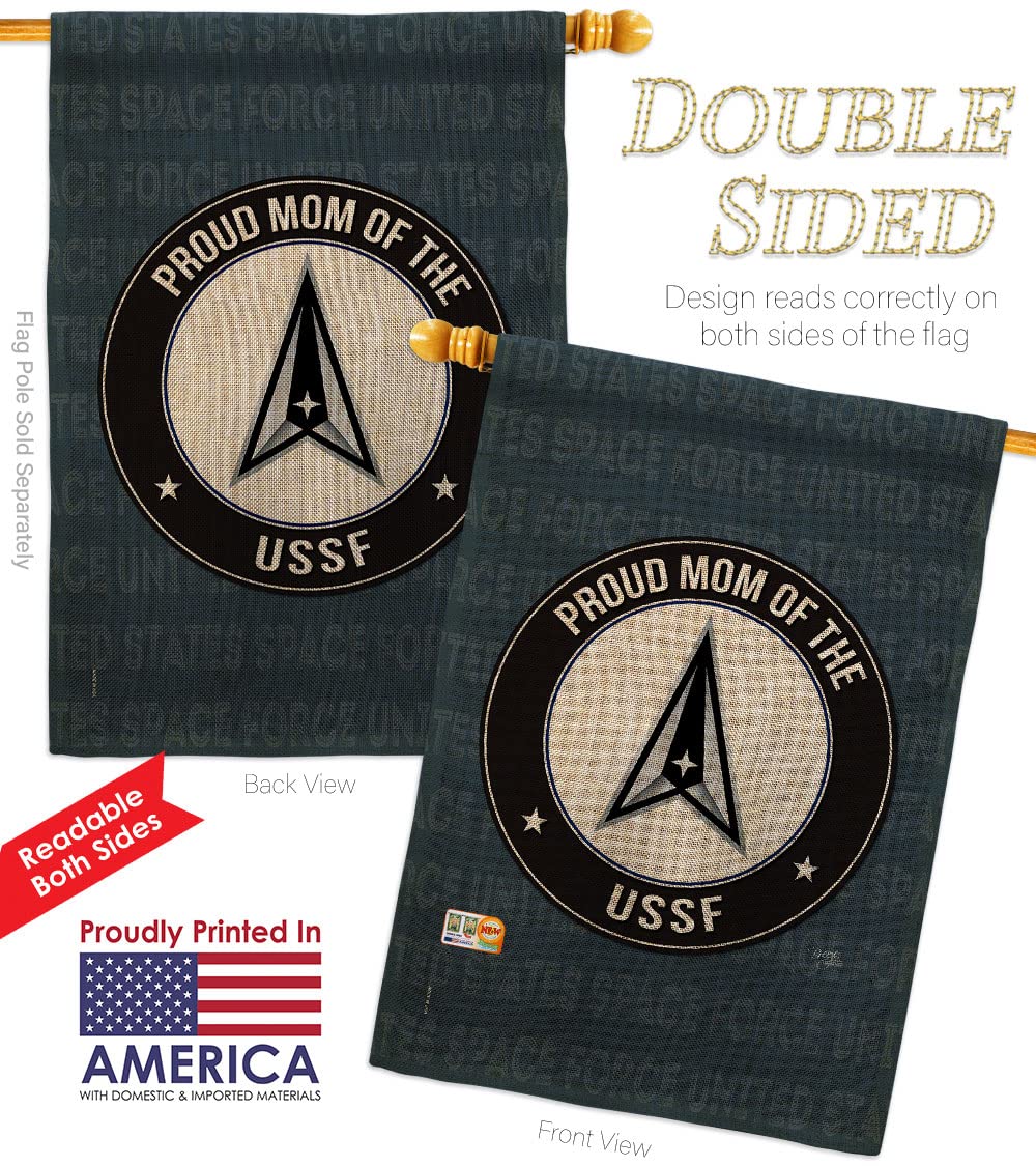 Proud Mom USSF Burlap Garden House Flags Kit - Armed Forces Space Force United States Air American Military Delta Official Small Decorative Gift Yard Banner - Double-Sided Made in USA 28x40 Inches - Perfect for Military Appreciation, Patriotic Yard Decor & Veteran Support