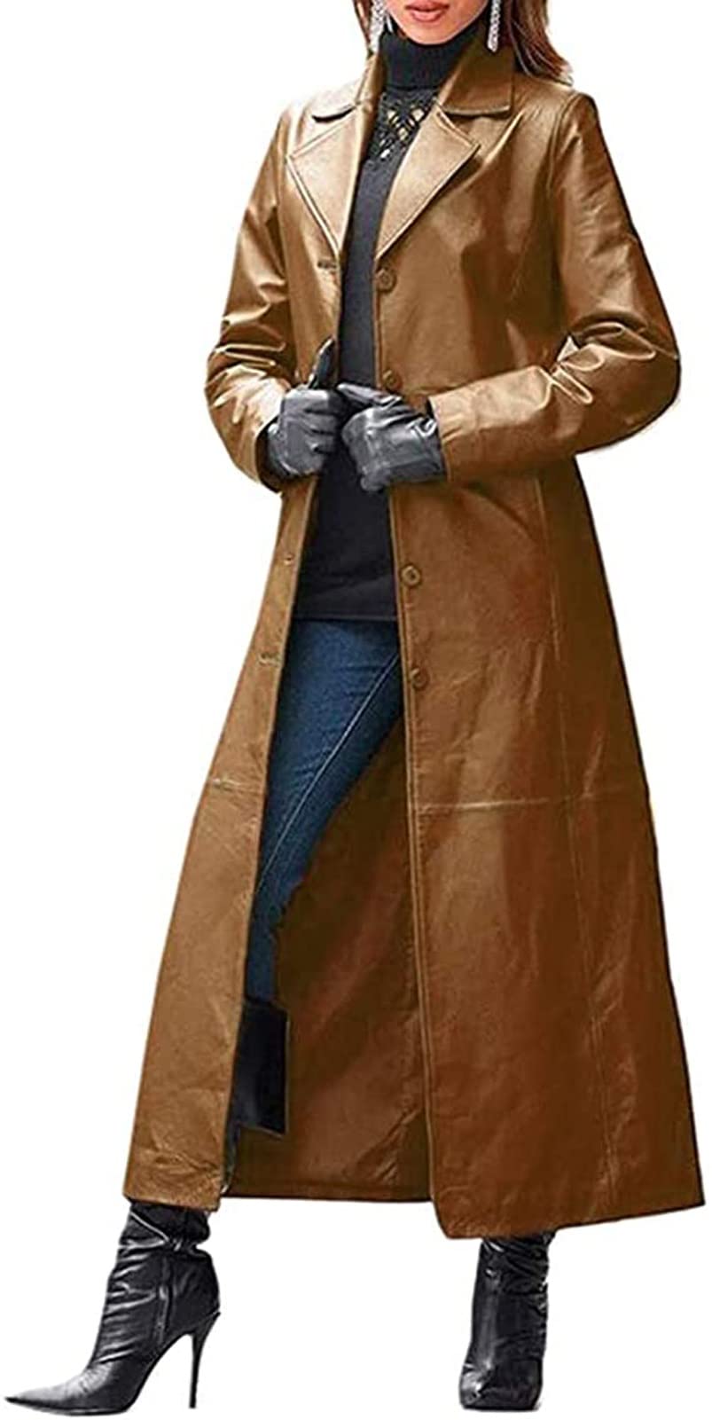 HYCYYFC Women's Faux Leather Trench Coat - Mid-Length Slim Fit Lapel Jacket for Spring & Fall - Plus Size 3XL Brown Outerwear - Perfect for Office, Dating & Casual Outings