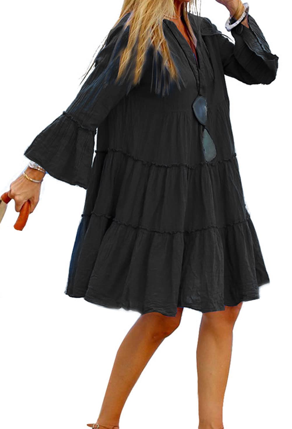 Loveimgs Women's Loose Cotton Linen Bell Sleeve Tiered Midi Ruffle Dress - Flowy Boho Beach Dress for Summer Vacation, Date Night & Casual Outings