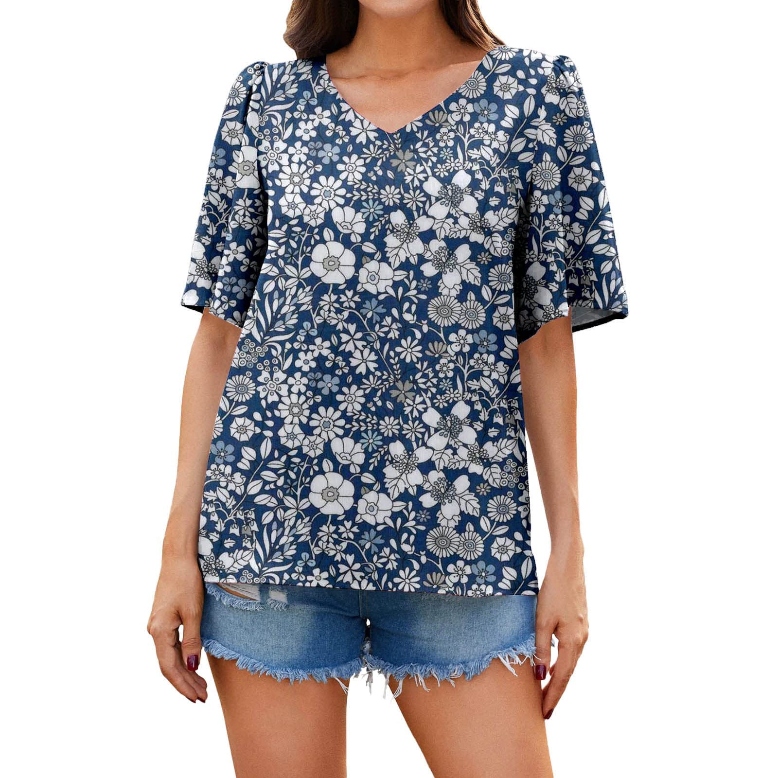 Women's Floral Print Chiffon V-Neck Short Sleeve T-Shirt - Casual Summer Loose Fit Tunic Blouse Top for Beach, Vacation & Everyday Wear