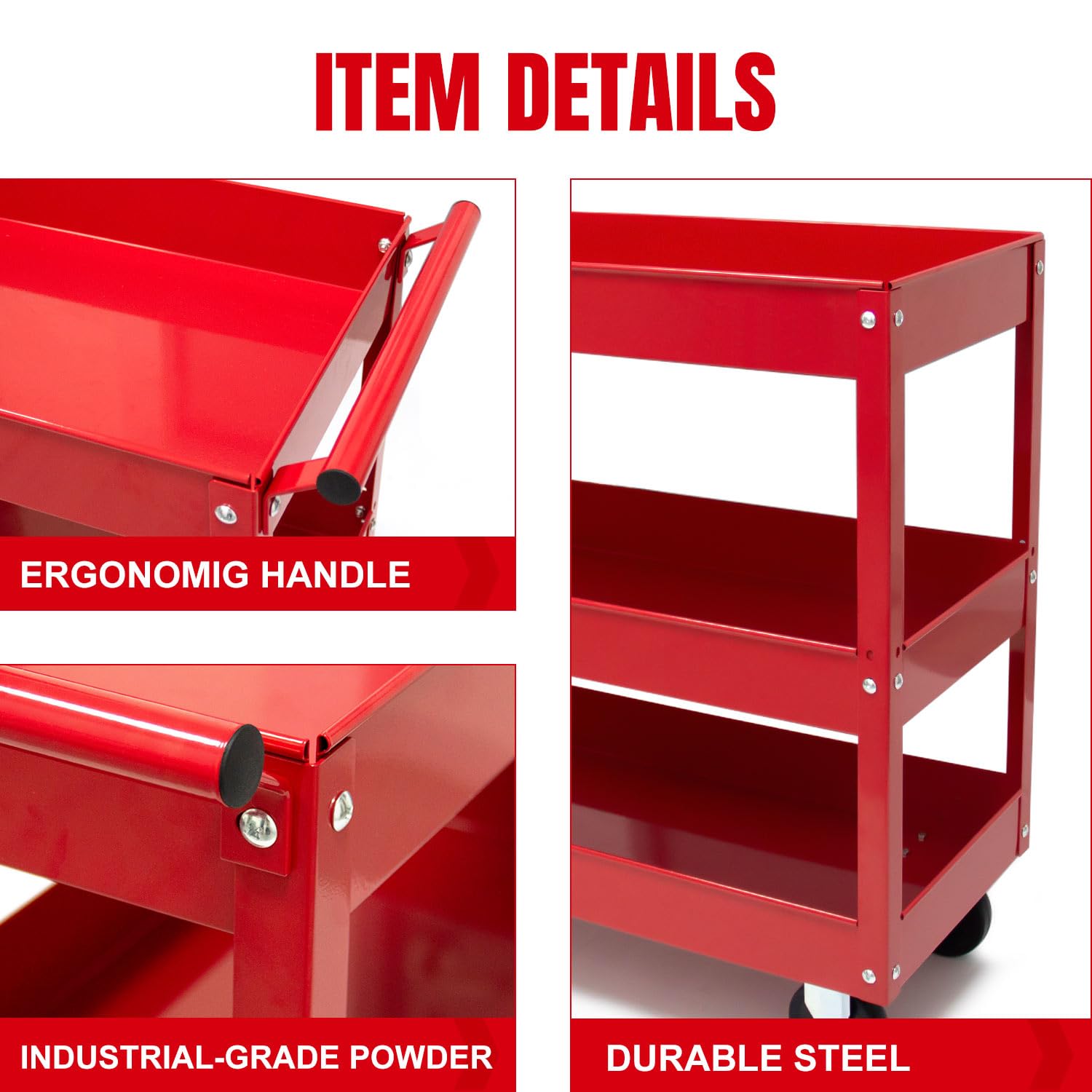 3-Tier Stainless Steel Utility Cart with Wheels - 400 lbs Capacity Metal Service Cart for Garage, Warehouse & Workshop | Heavy-Duty Rolling Cart for Storage, Organization & Mobility